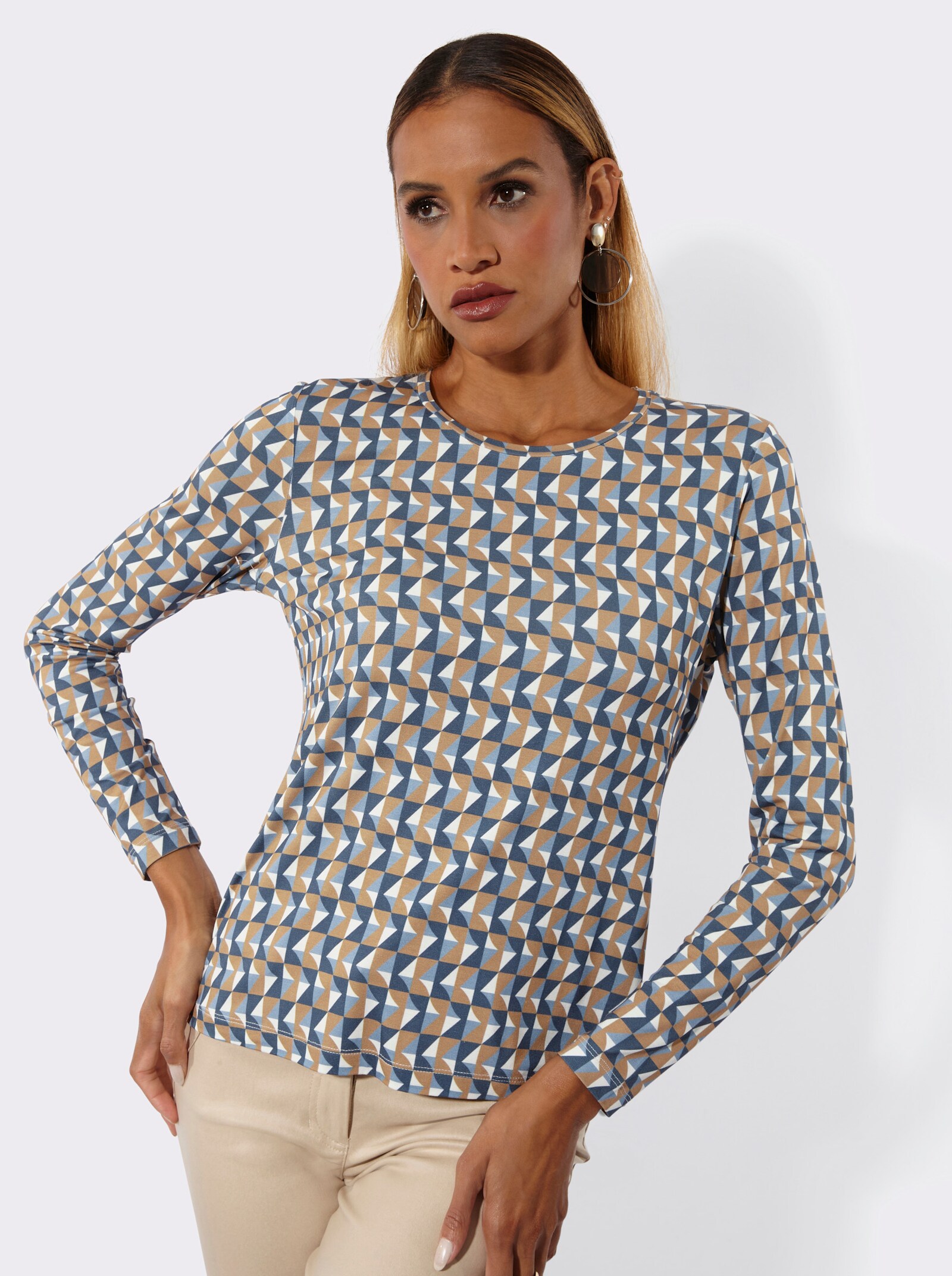 Langarmshirt - camel-bleu-bedruckt