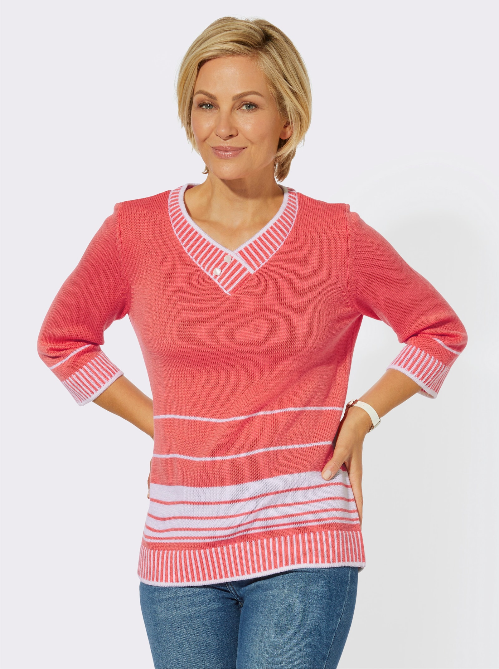 3/4 Arm-Pullover mit überlappendem V-Ausschnitt - koralle-weiss-gestreift