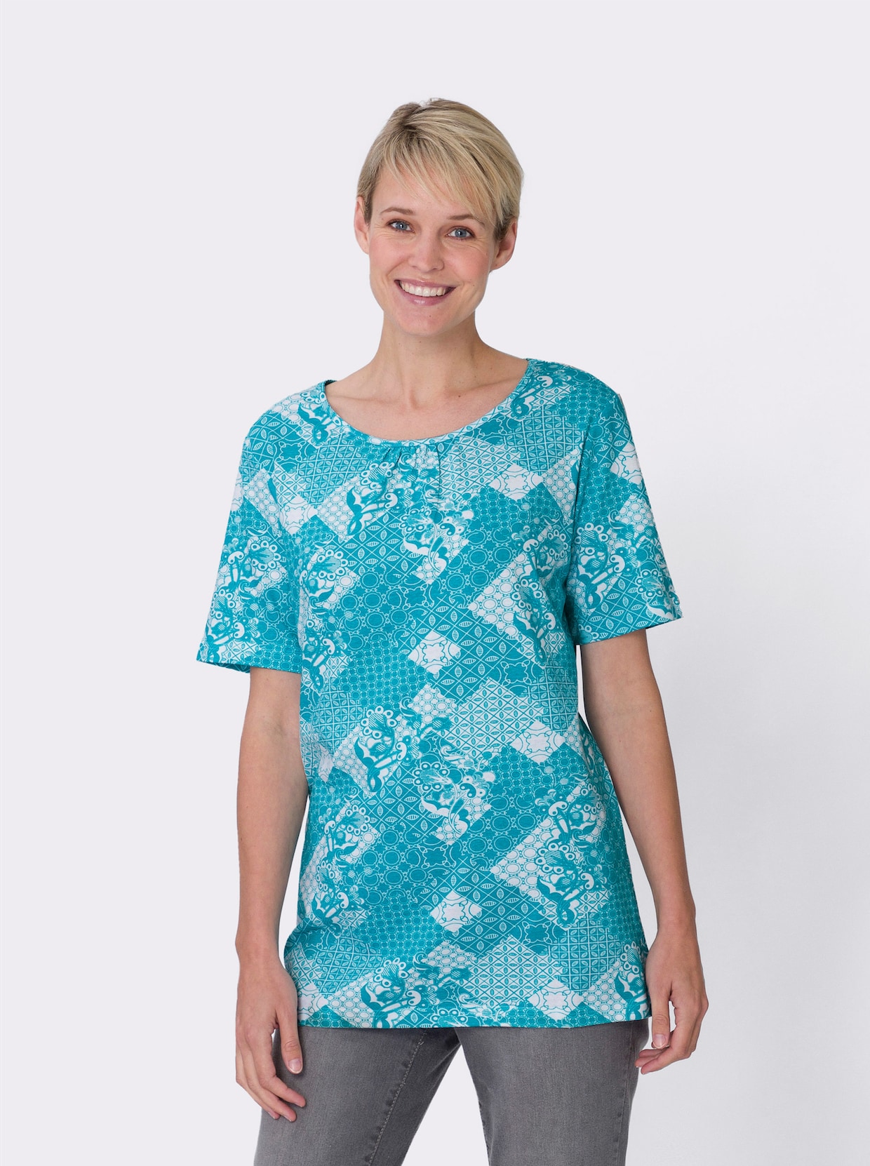 Lang shirt - wit/turquoise bedrukt