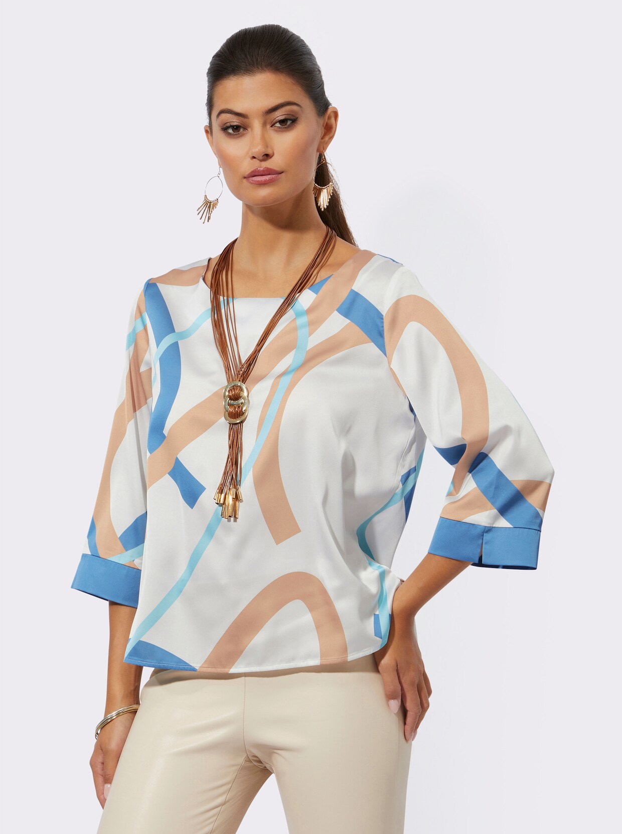 Druckbluse - ecru-camel-bedruckt