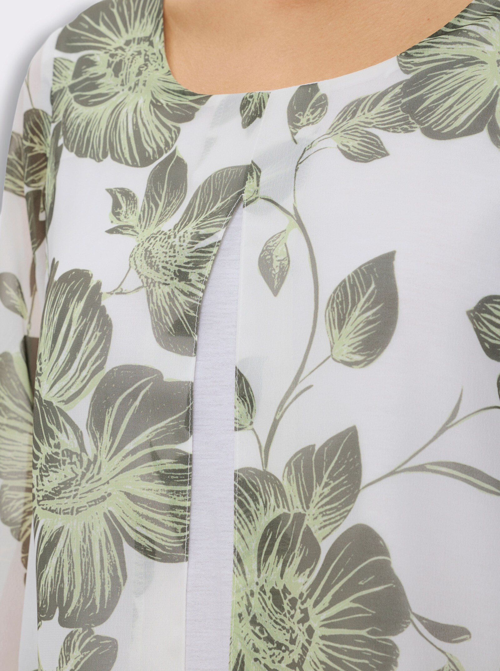 Druckbluse in 2-in-1-Optik - weiß-khaki-bedruckt