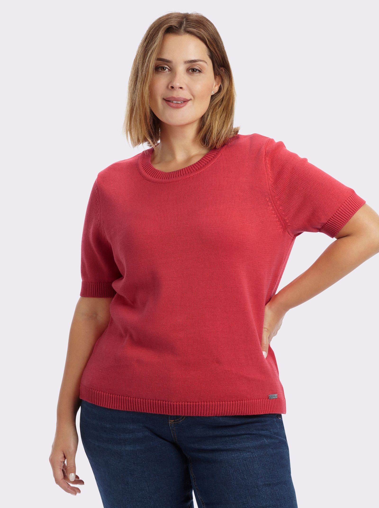 Kurzarmpullover mit Rippabschlüssen - korallenrot