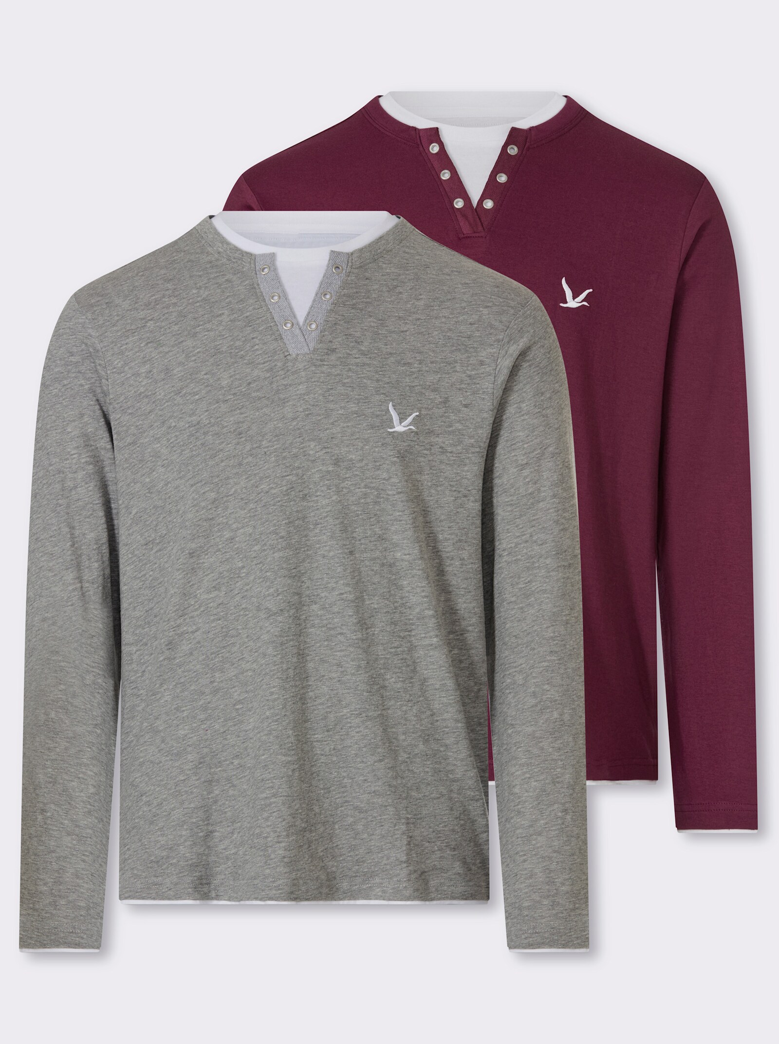Catamaran Langarmshirt im Doppelpack - grau-meliert + bordeaux