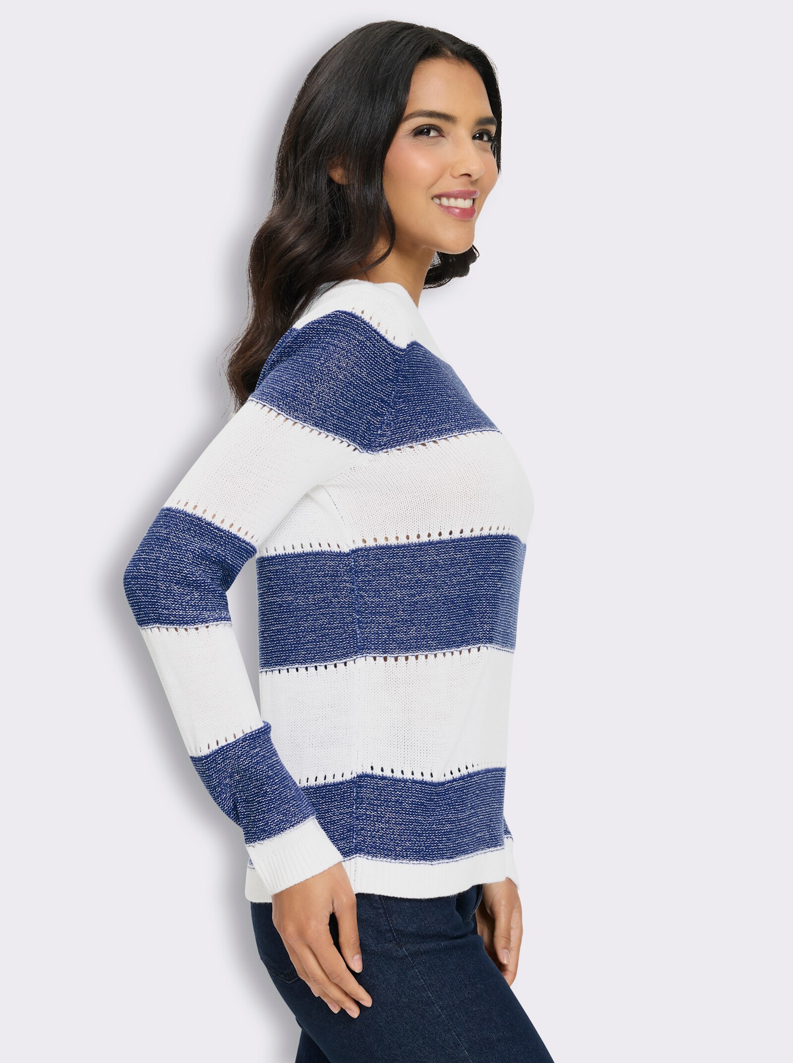 Langarm-Pullover mit Glanzgarn, Streifen-Muster - royalblau-ecru-gemustert