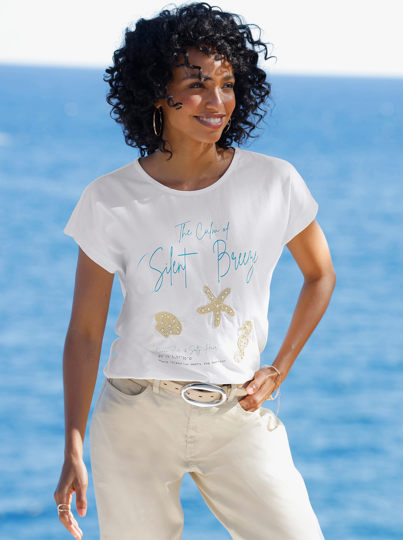 heine Kurzarmshirt mit Zierperlen - ecru-sand-gemustert