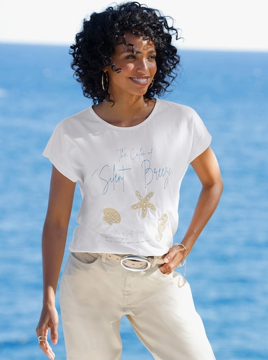 heine Kurzarmshirt mit Zierperlen - ecru-sand-gemustert