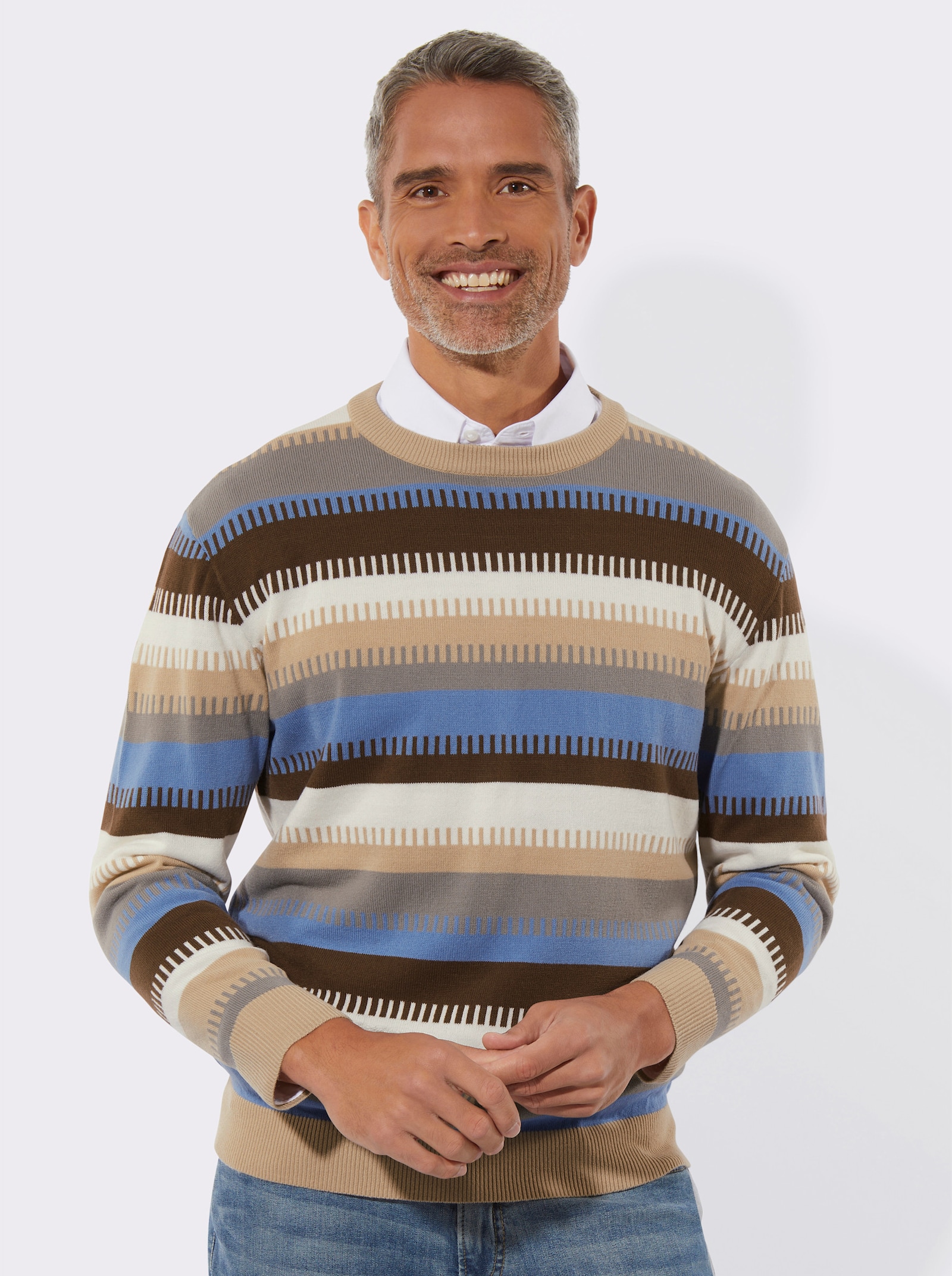 Svetr s kulatým výstřihem s proužkovaným pleteným vzorem - ecru-střední modrá-proužek