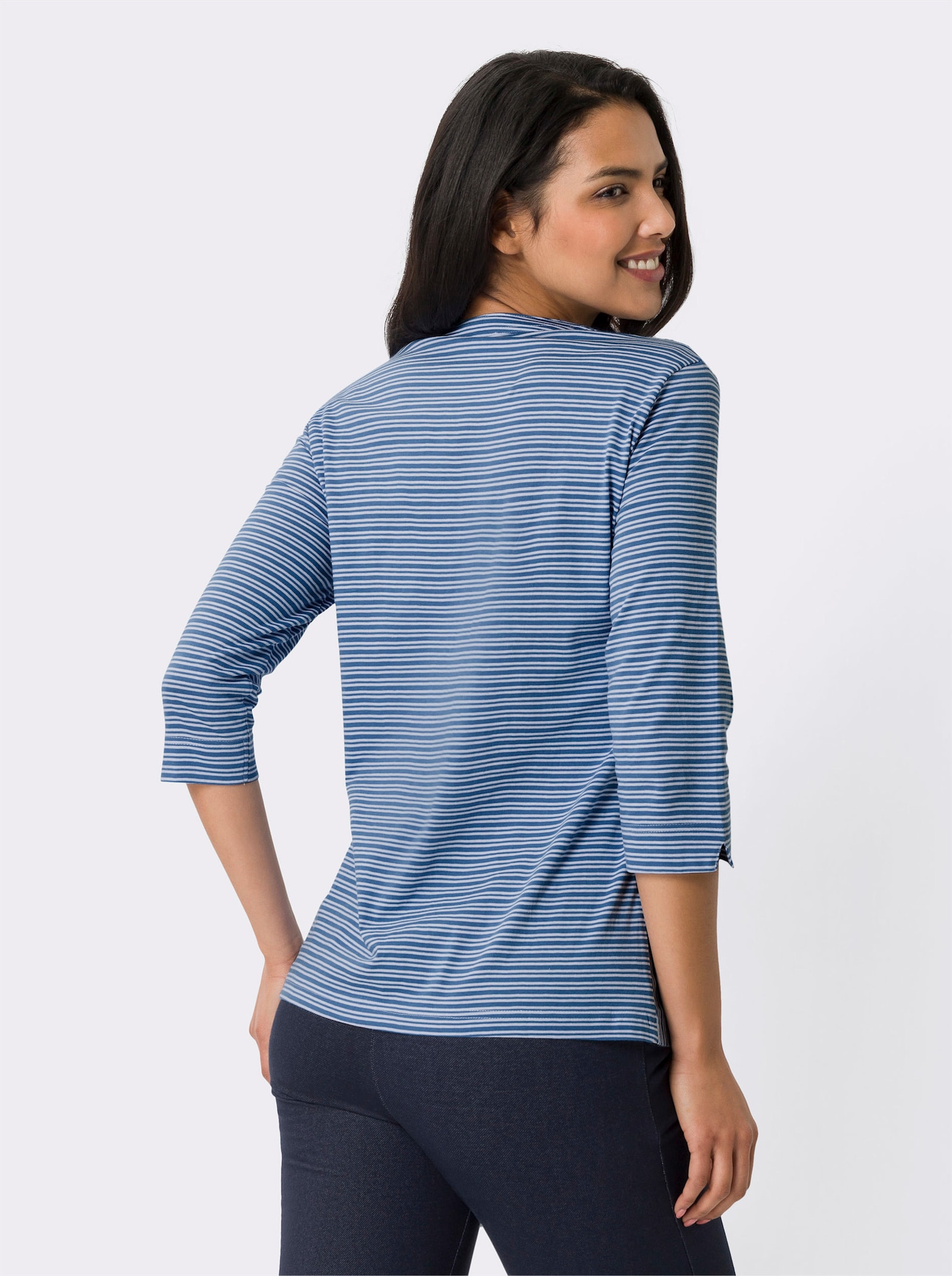 3/4-Arm-Shirt mit Ringel-Muster, garngefärbt - mittelblau-weiß-gestreift