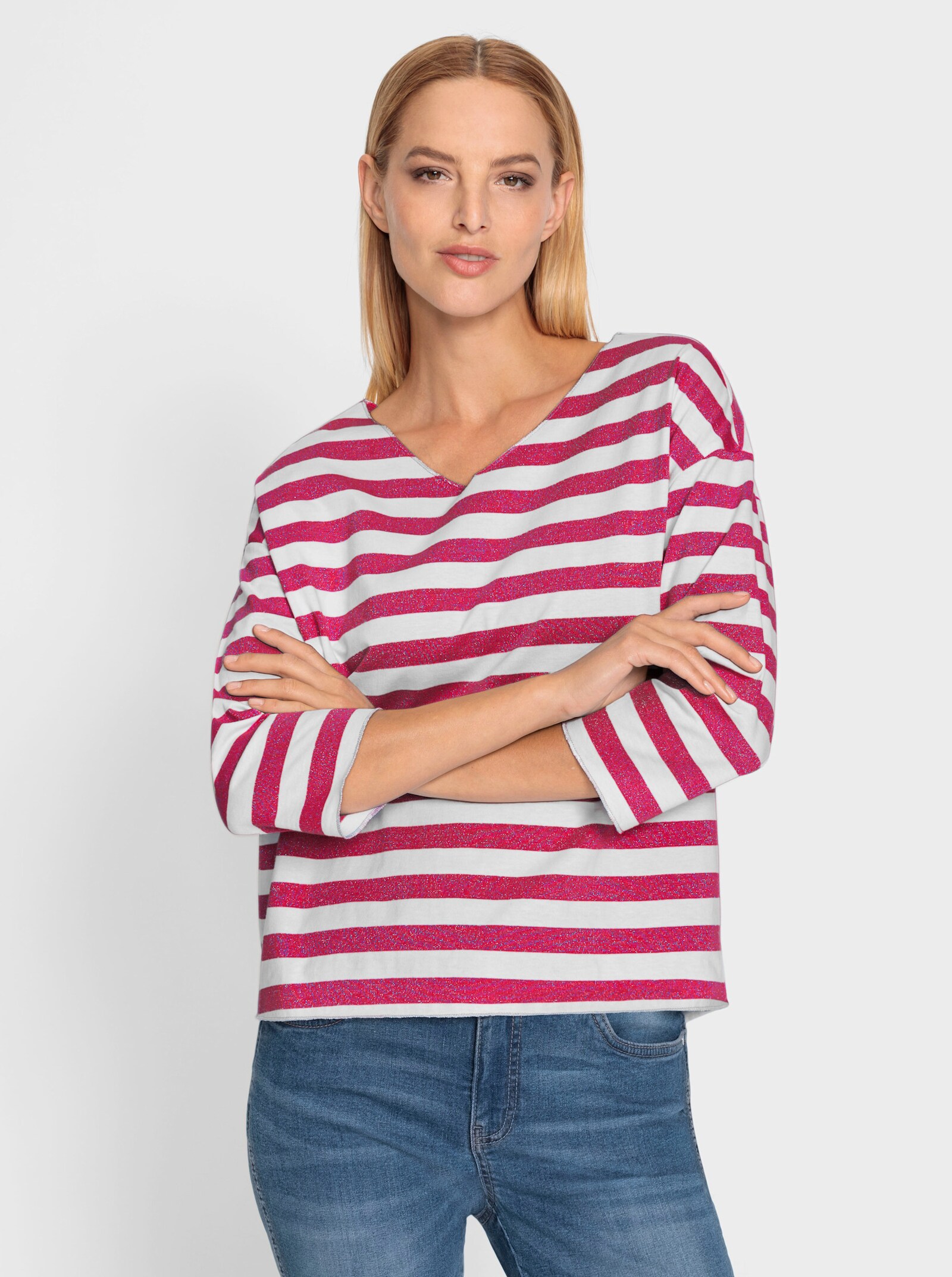 heine T-shirt rayé avec fil fantaisie brillant - fuchsia-blanc à rayures