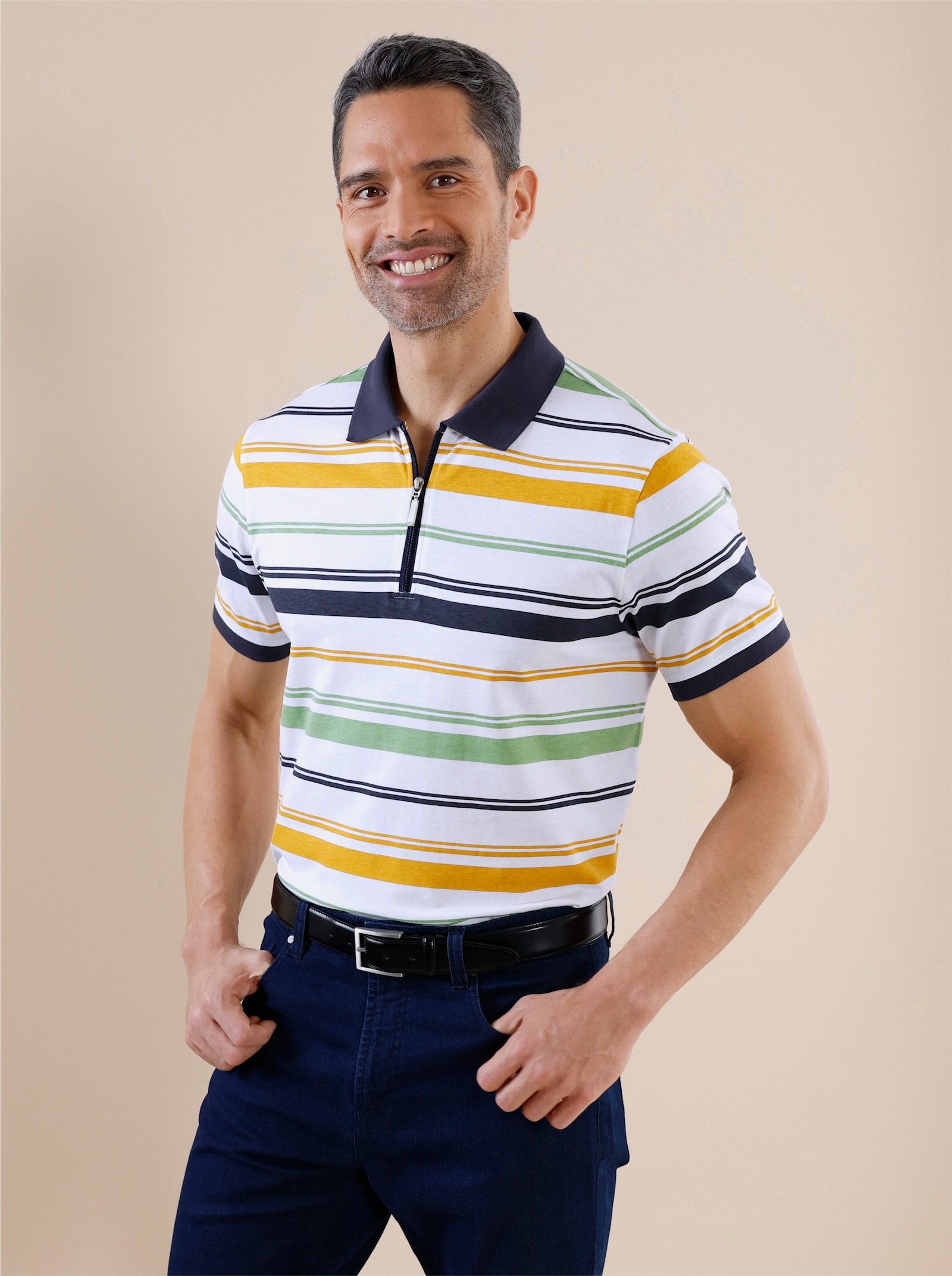 Poloshirt - weiß-marine-geringelt