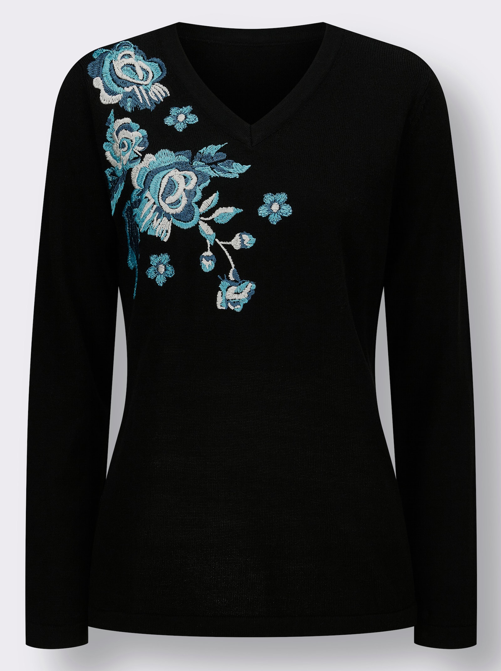 Pulóver, výstrih do V, kvetová výšivka - čierna – topásová, vzor