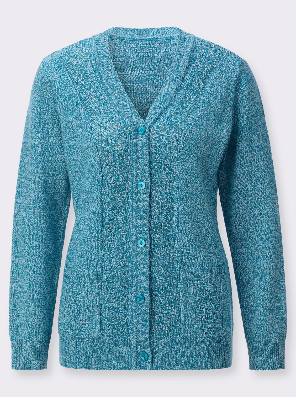 Strickjacke - aquapetrol-ecru-meliert