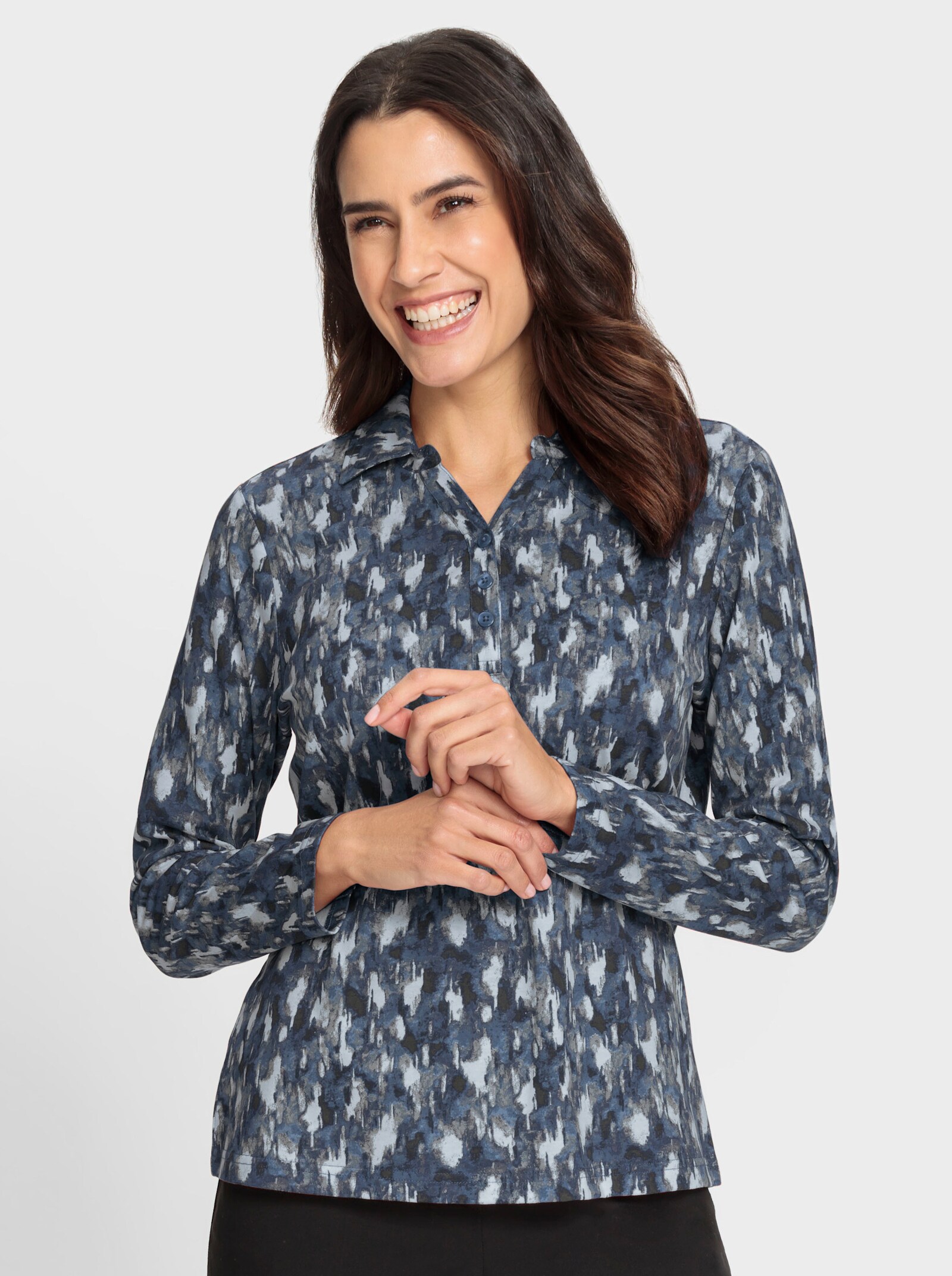 Poloshirt mit kurzer Knopfleiste - rauchblau-graphit-bedruckt