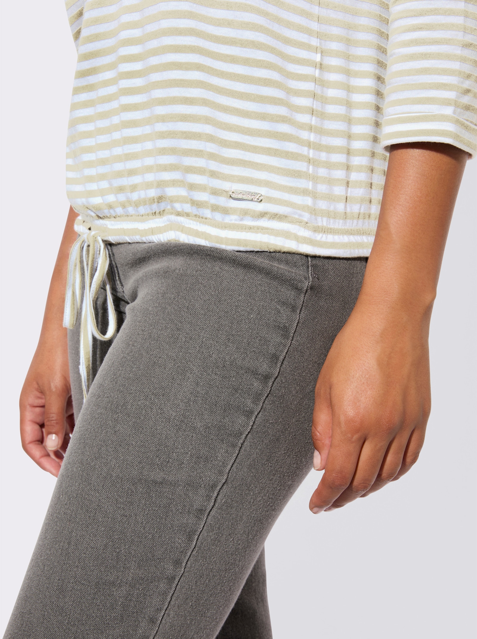 3/4-Arm-Shirt mit Kordel im Saum - sand-weiß-geringelt
