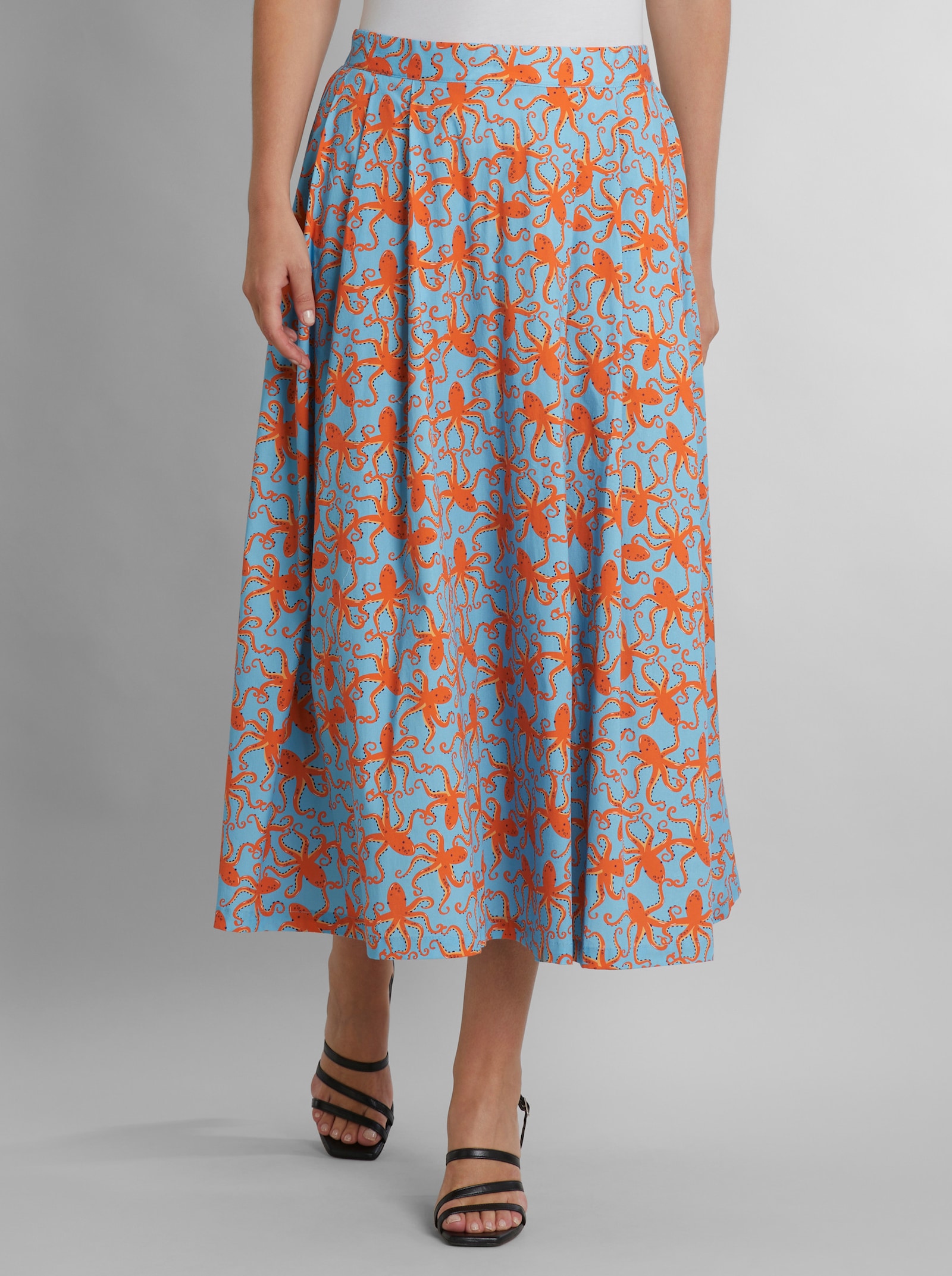heine A-Linien-Rock mit Kraken-Print - aqua-orange-bedruckt