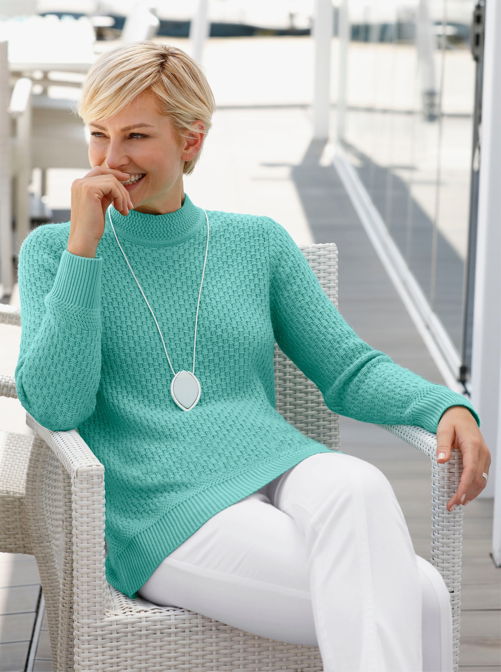 Stehkragenpullover mit Struktur-Muster - türkis