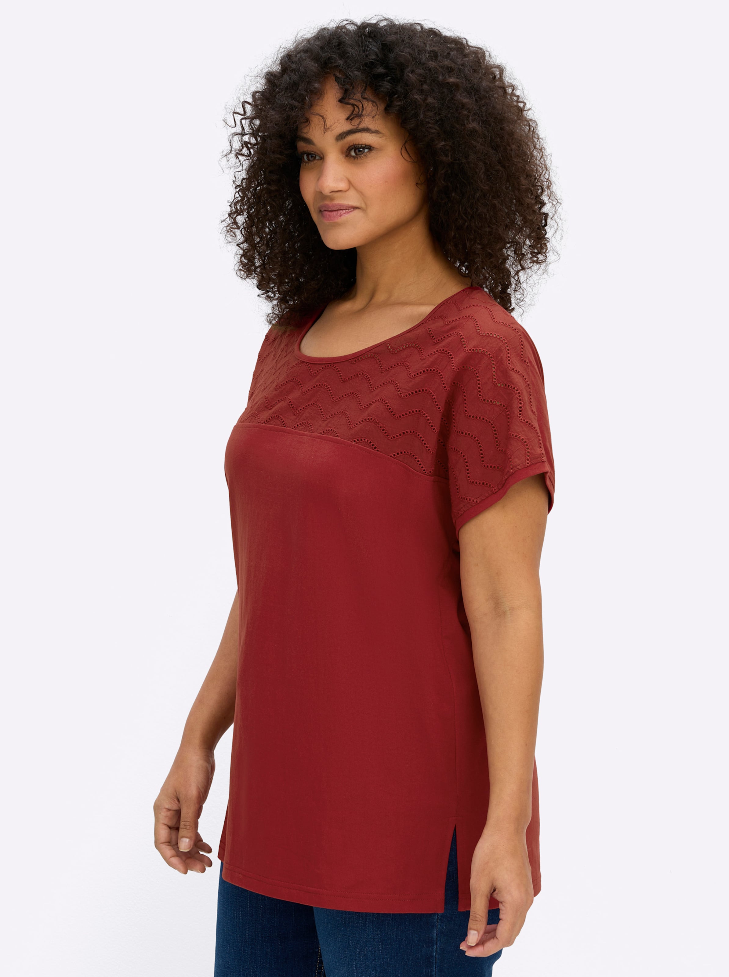 Sheego Damen Dunkelrot T-Shirt "Kurzarm-Shirt", Gr. 48/50, Rot (Kirsche), 100% Baumwolle, Besatz:100% Baumwolle, Unifarben, Rundhals, Shirts T-Shirt - Bild 4