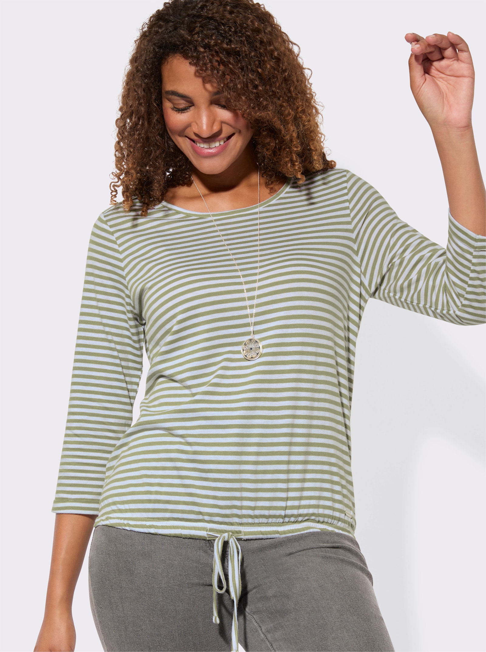 3/4-Arm-Shirt mit Kordel im Saum - schilf-weiß-geringelt
