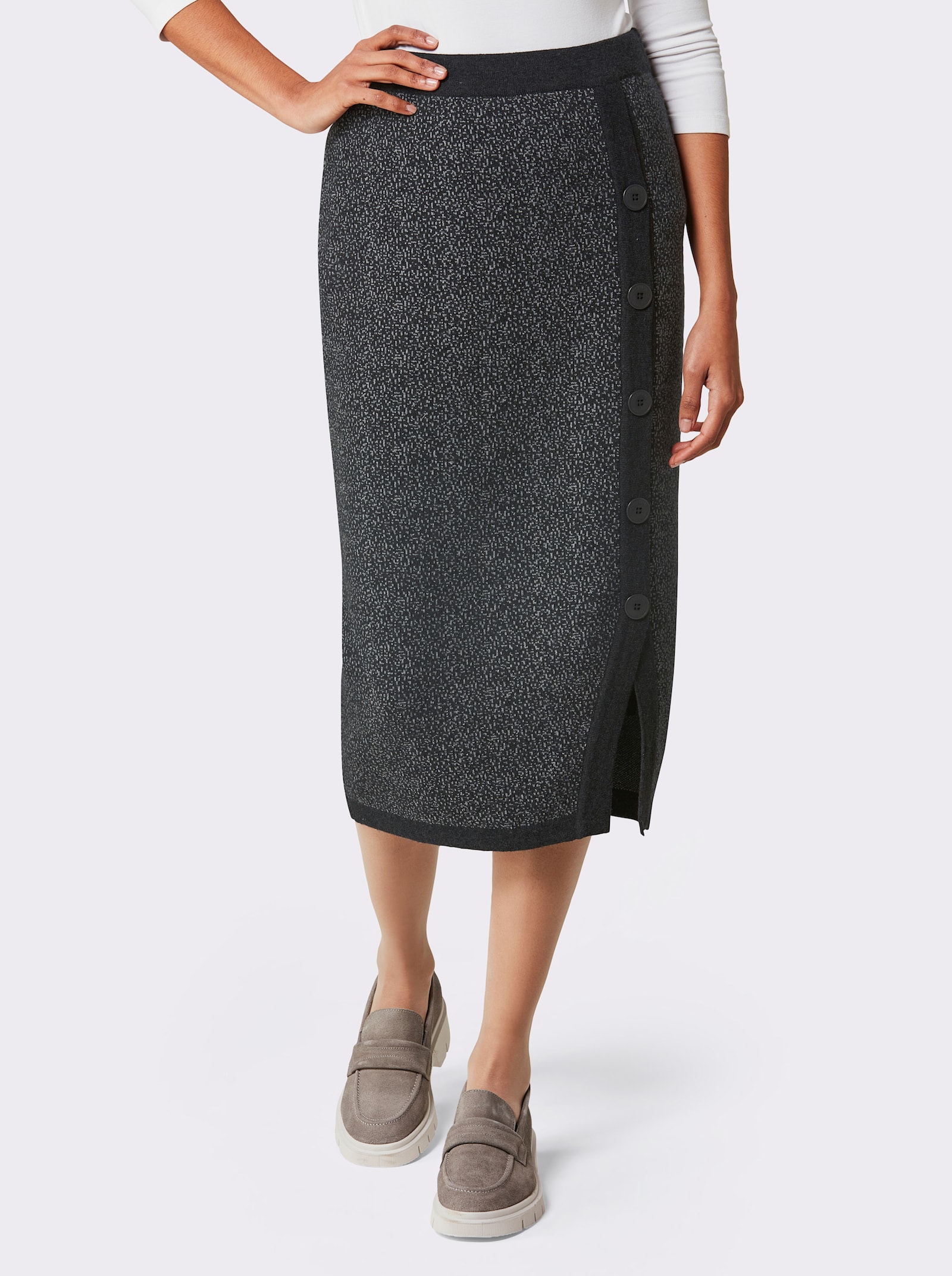 CREATION L PREMIUM Strickrock mit seitlicher Zierknopfleiste und Schlitz - graphit-grau-gemustert