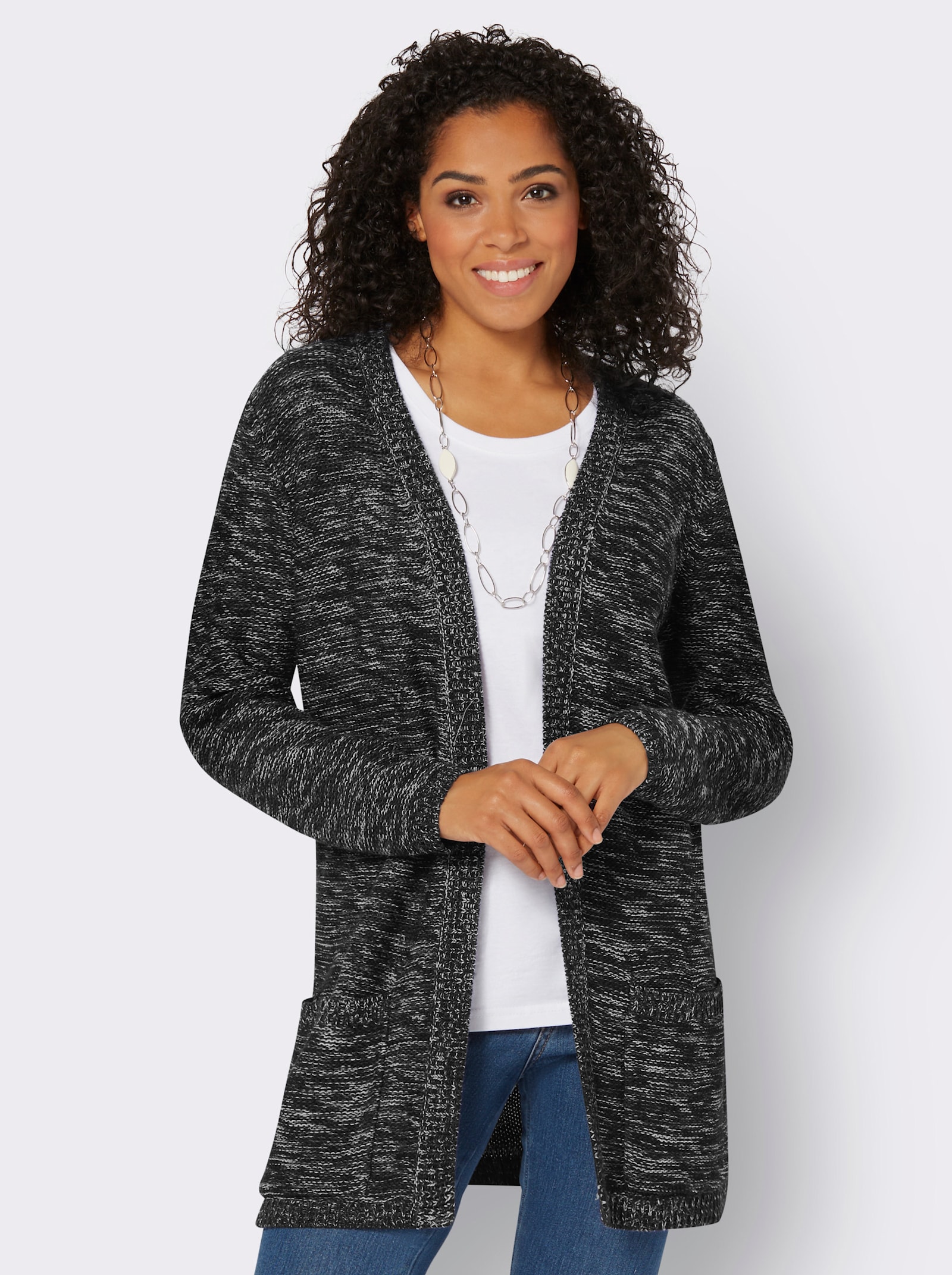 Strickjacke in Longform, meliert - schwarz-meliert