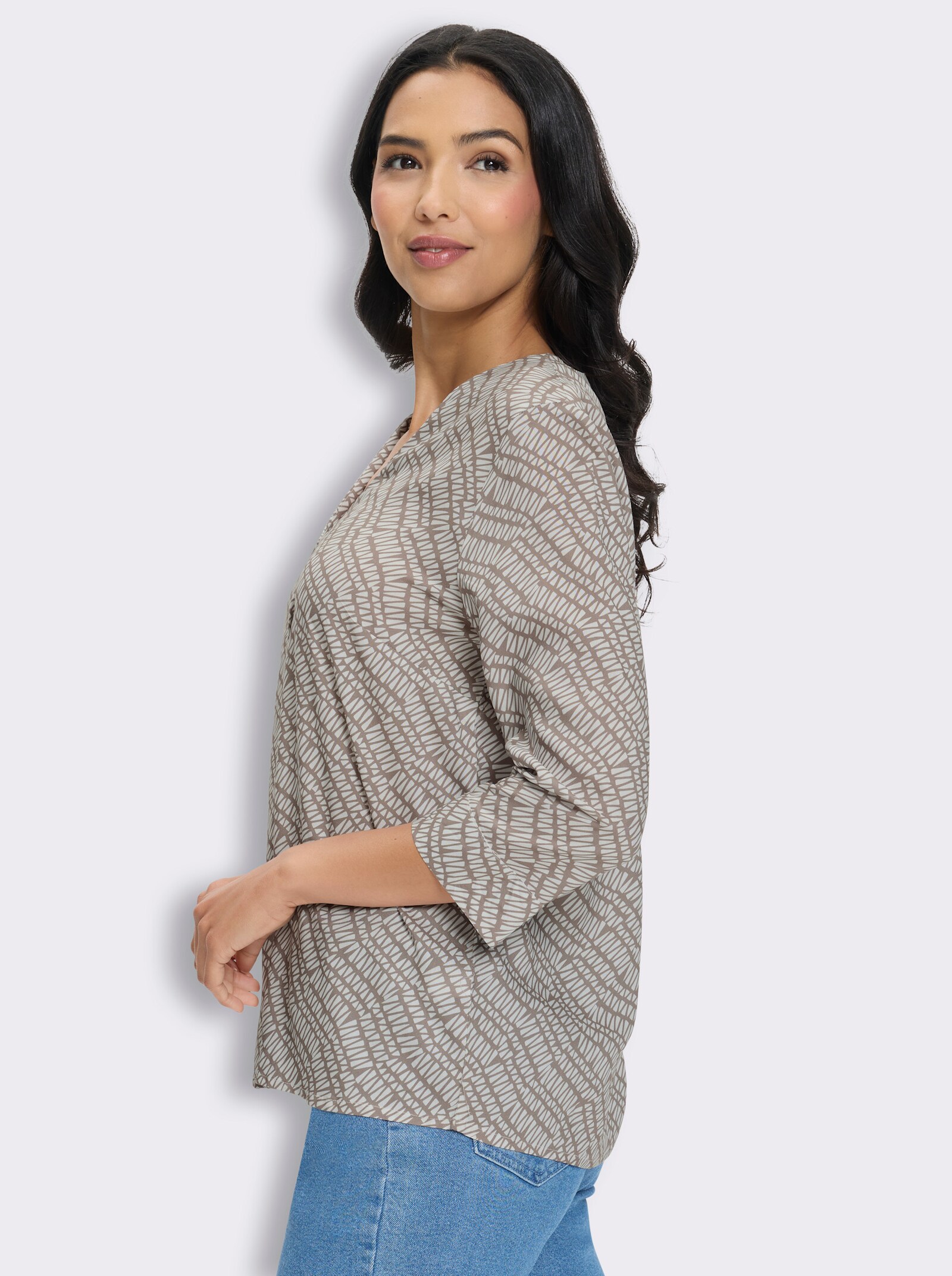 Schlupfbluse mit diagonalem Streifendruck - taupe-ecru-bedruckt
