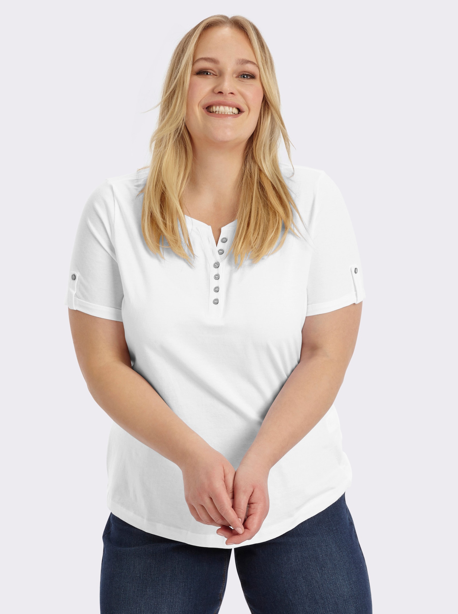 Kurzarmshirt mit fixiertem Ärmel-Aufschlag - weiß