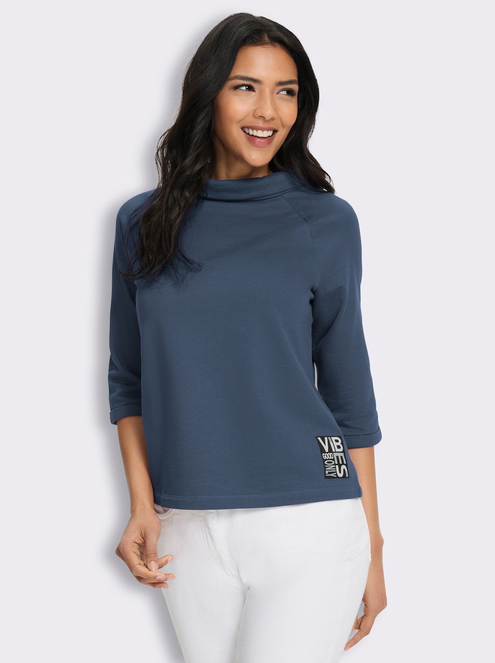 3/4-Arm-Shirt mit halsfernem Stehkragen - rauchblau