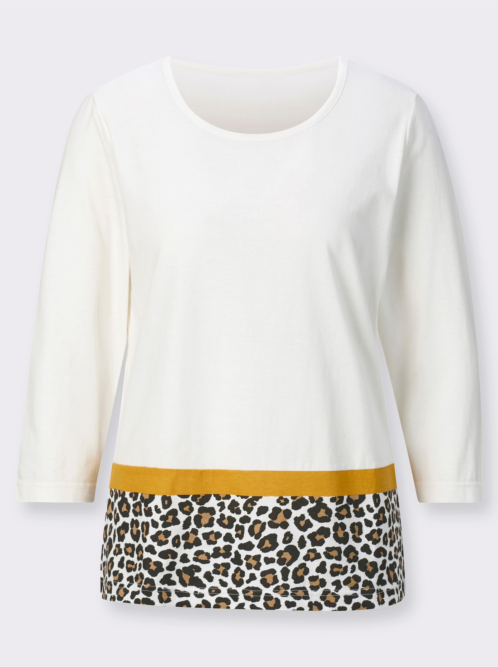 Rundhalsshirt mit Leo-Bordüre - ecru-ocker-bedruckt