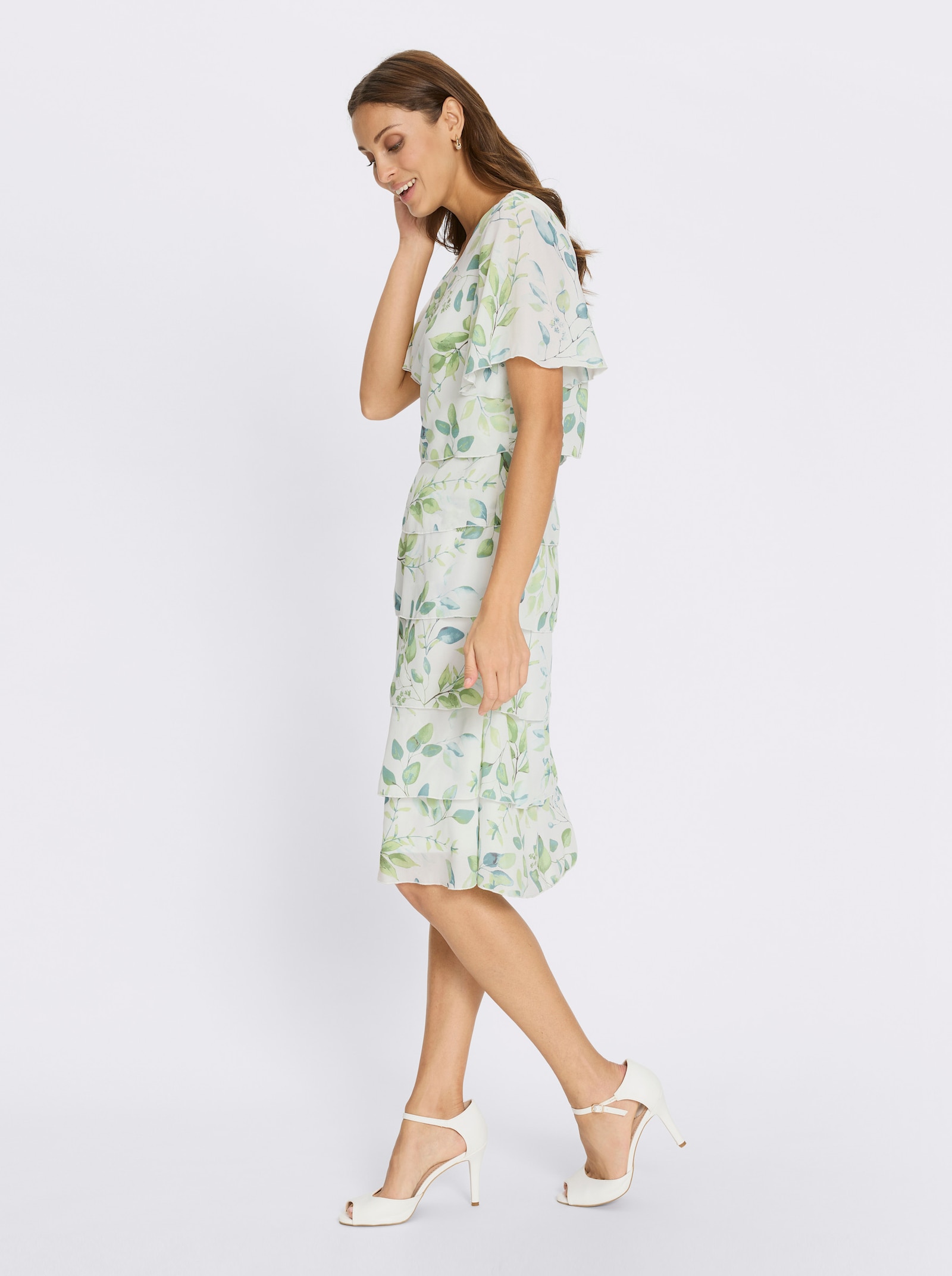 Druckkleid in Georgette-Qualität - weiss-eucalyptus-bedruckt