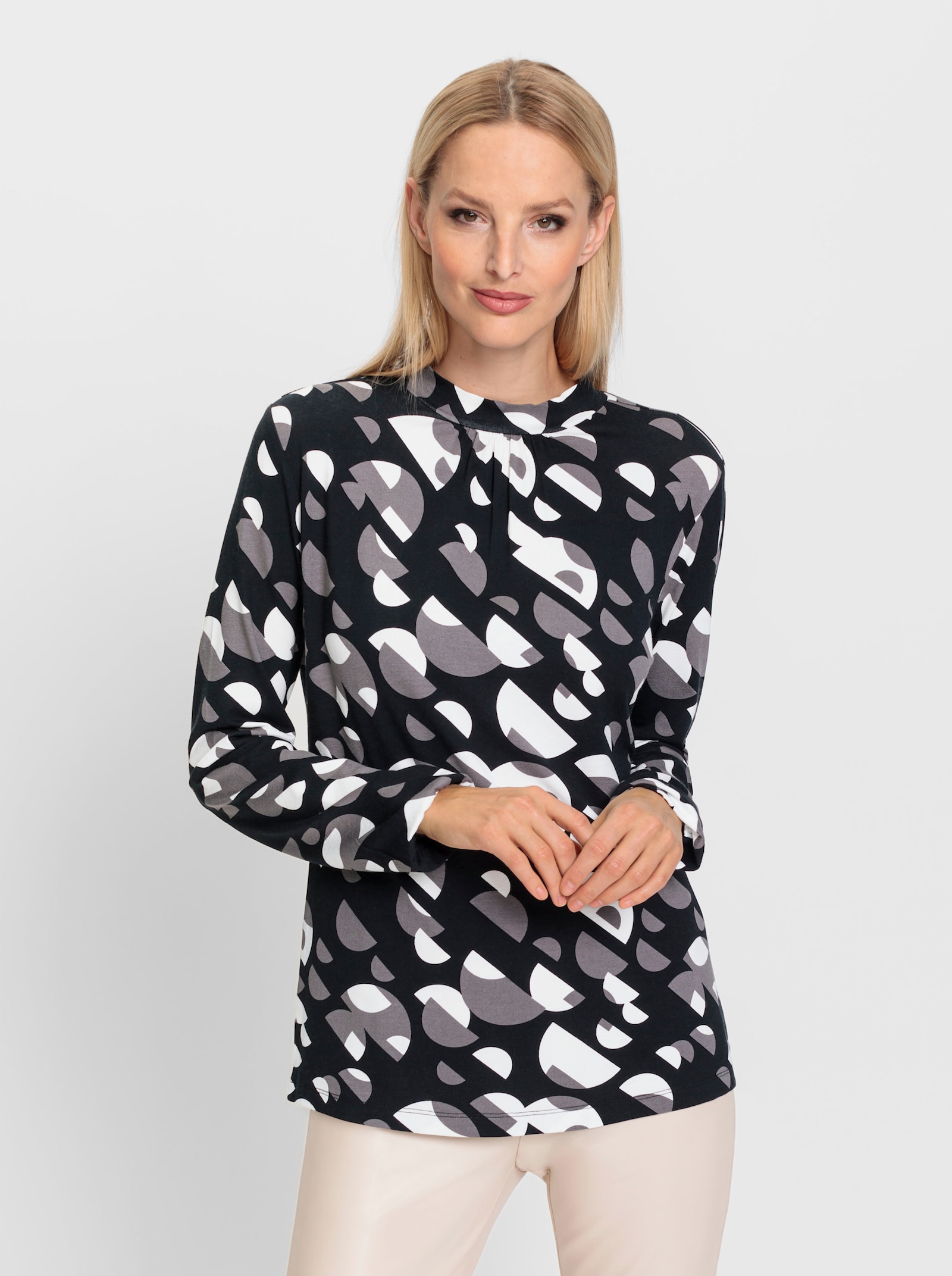 heine Shirt met lange mouwen en opstaande kraag - zwart/ecru geprint