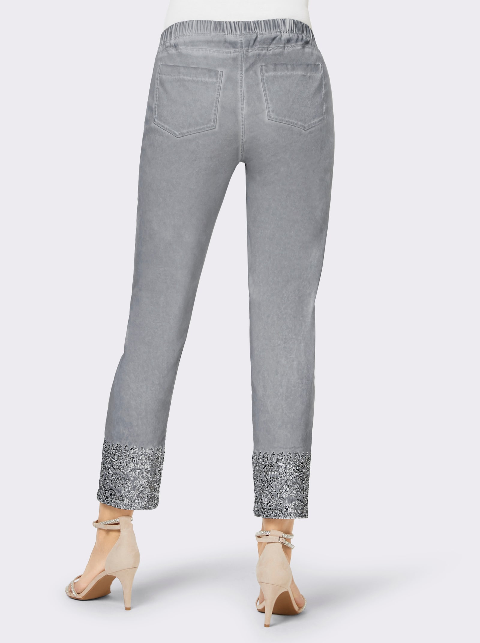 Hose mit Stickerei und Pailletten - silberfarben