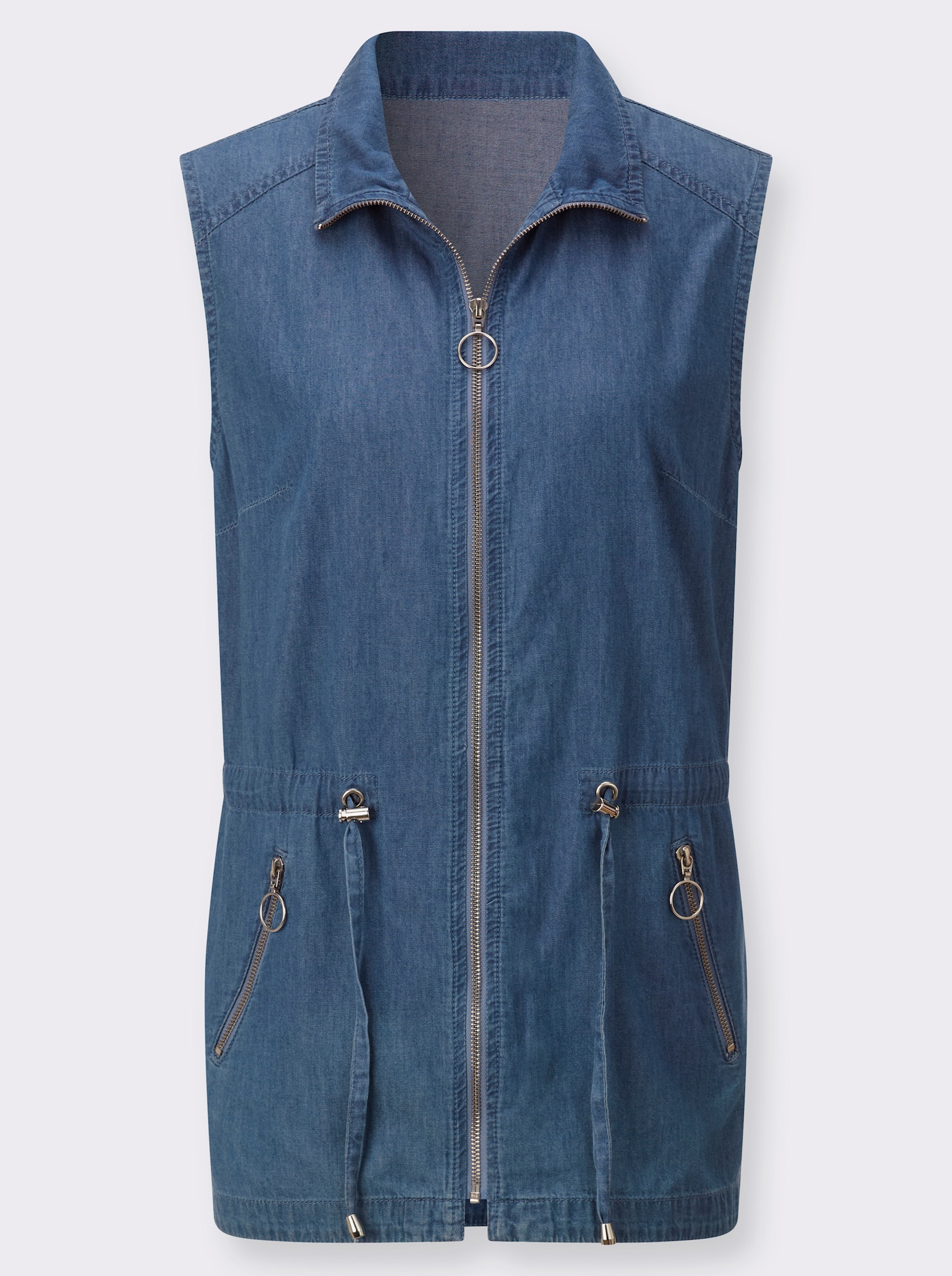 Jeansweste mit schräger Schulterpasse - blue-bleached