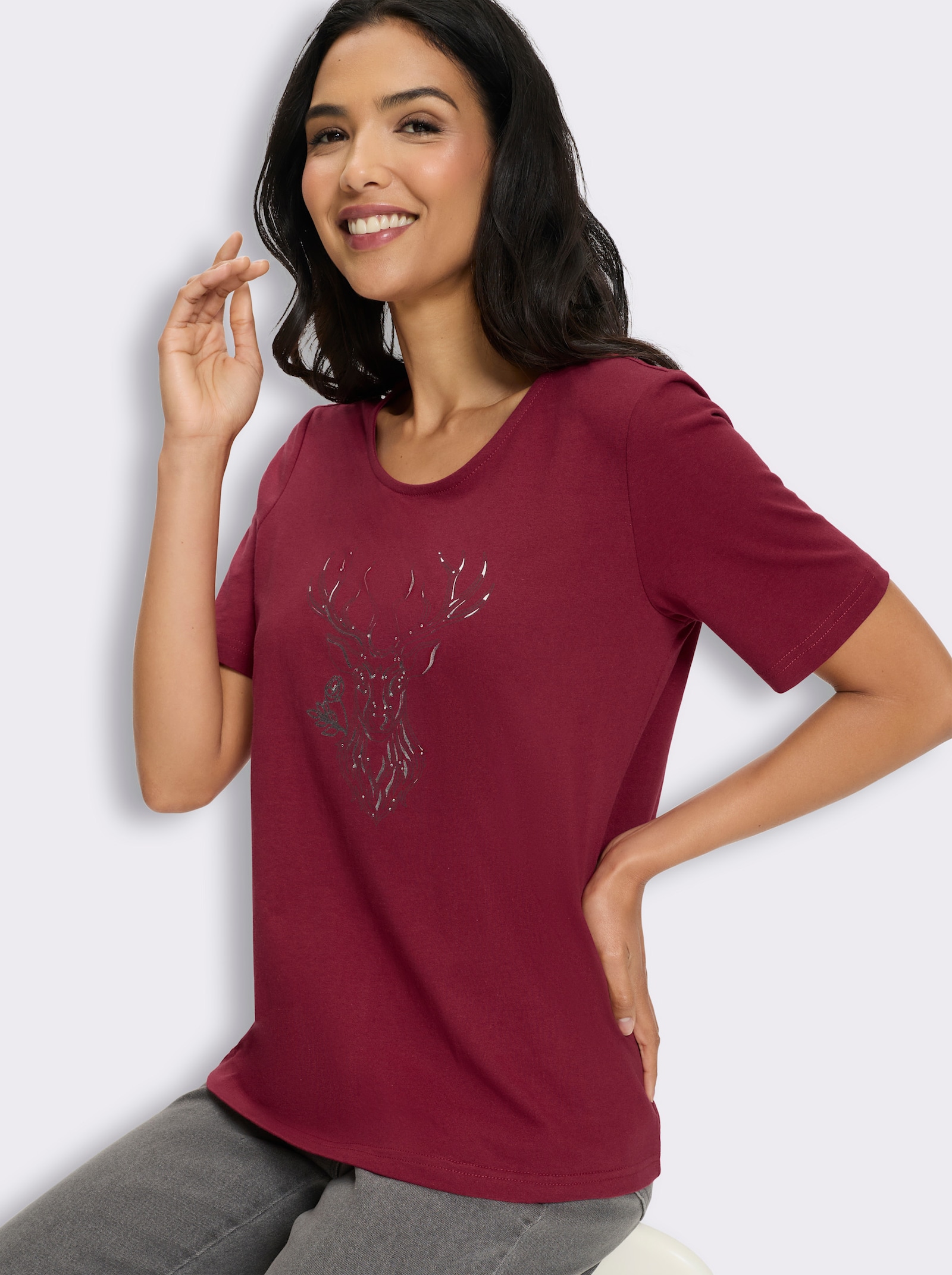 Kurzarmshirt mit Hirsch-Motiv - kirsche-graphit