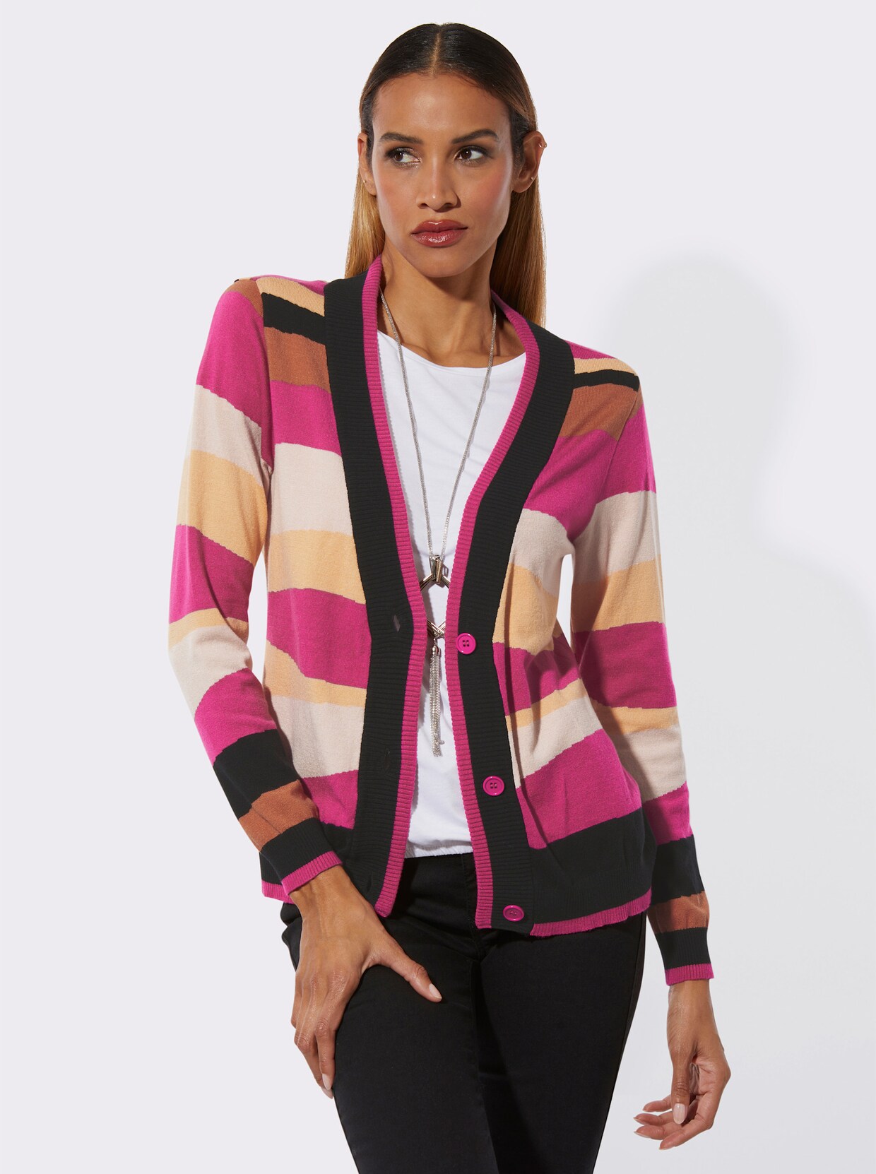 Feinstrickjacke - fuchsia-papaya-gemustert