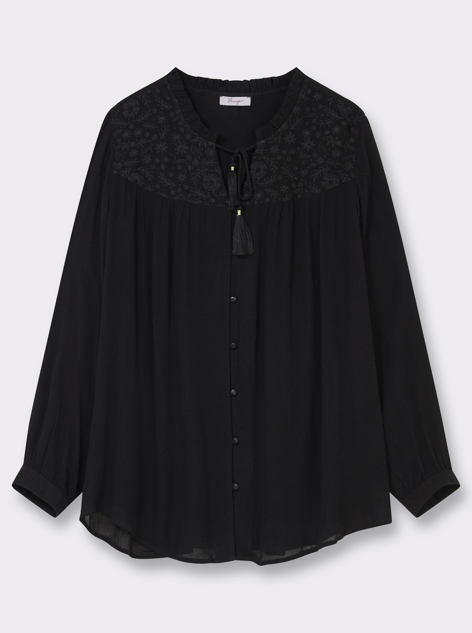 sheego Crinklebluse mit bestickter Passe - schwarz