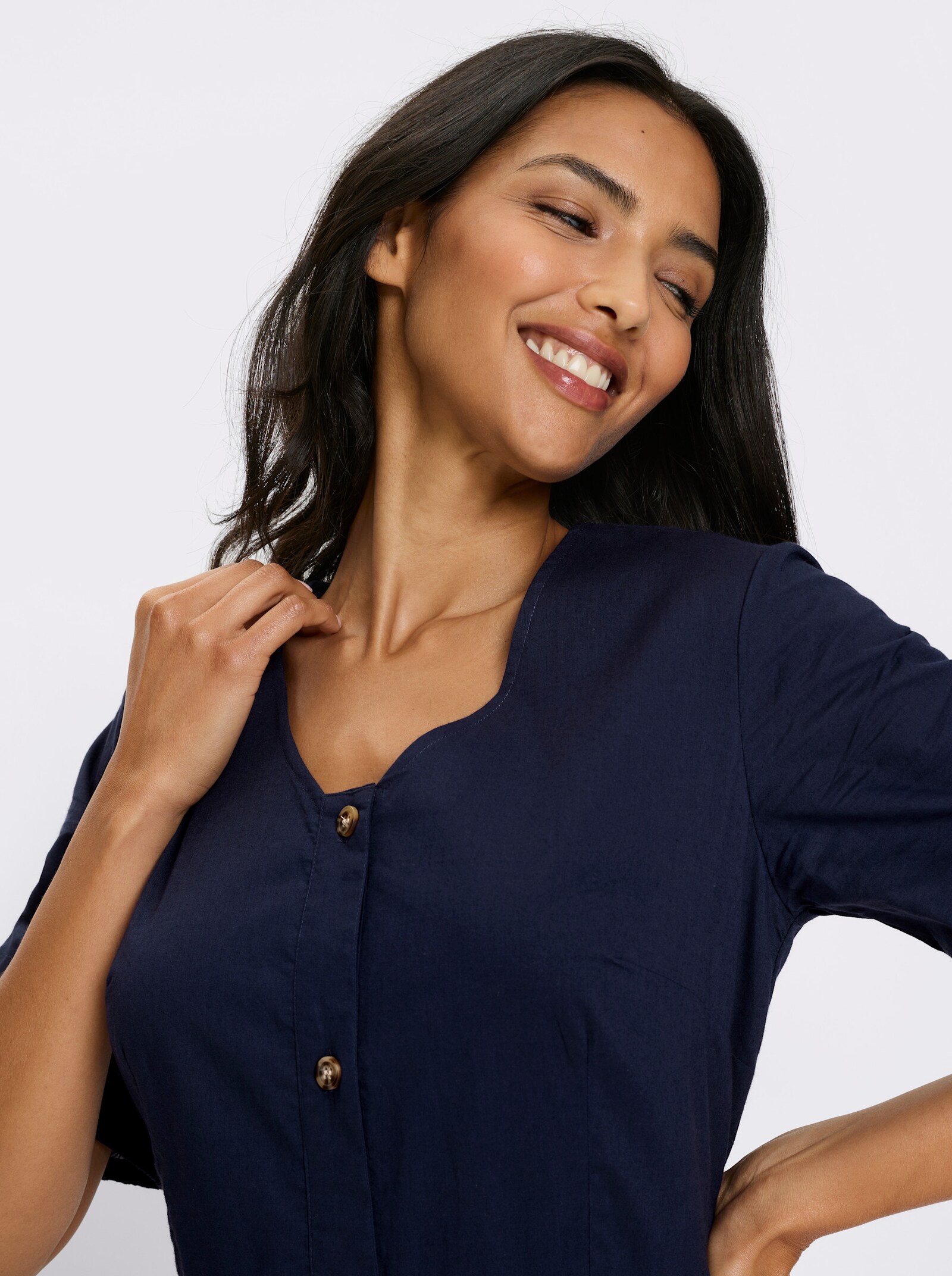 Katoenen jurk met doorknoopsluiting - donkerblauw