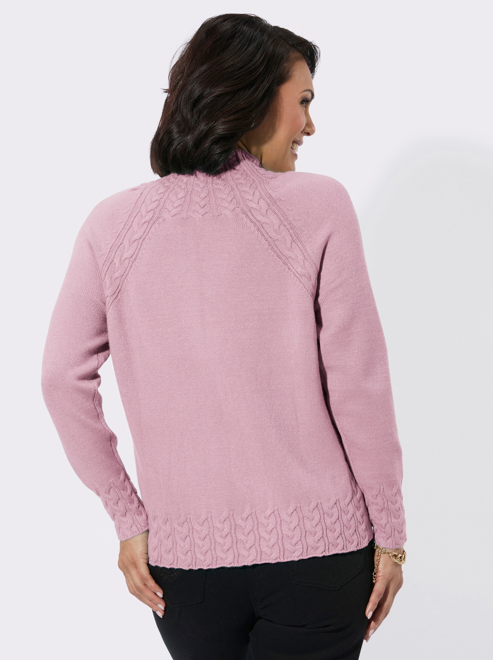 Stehkragenpullover mit Zopfmuster vorn - rosé