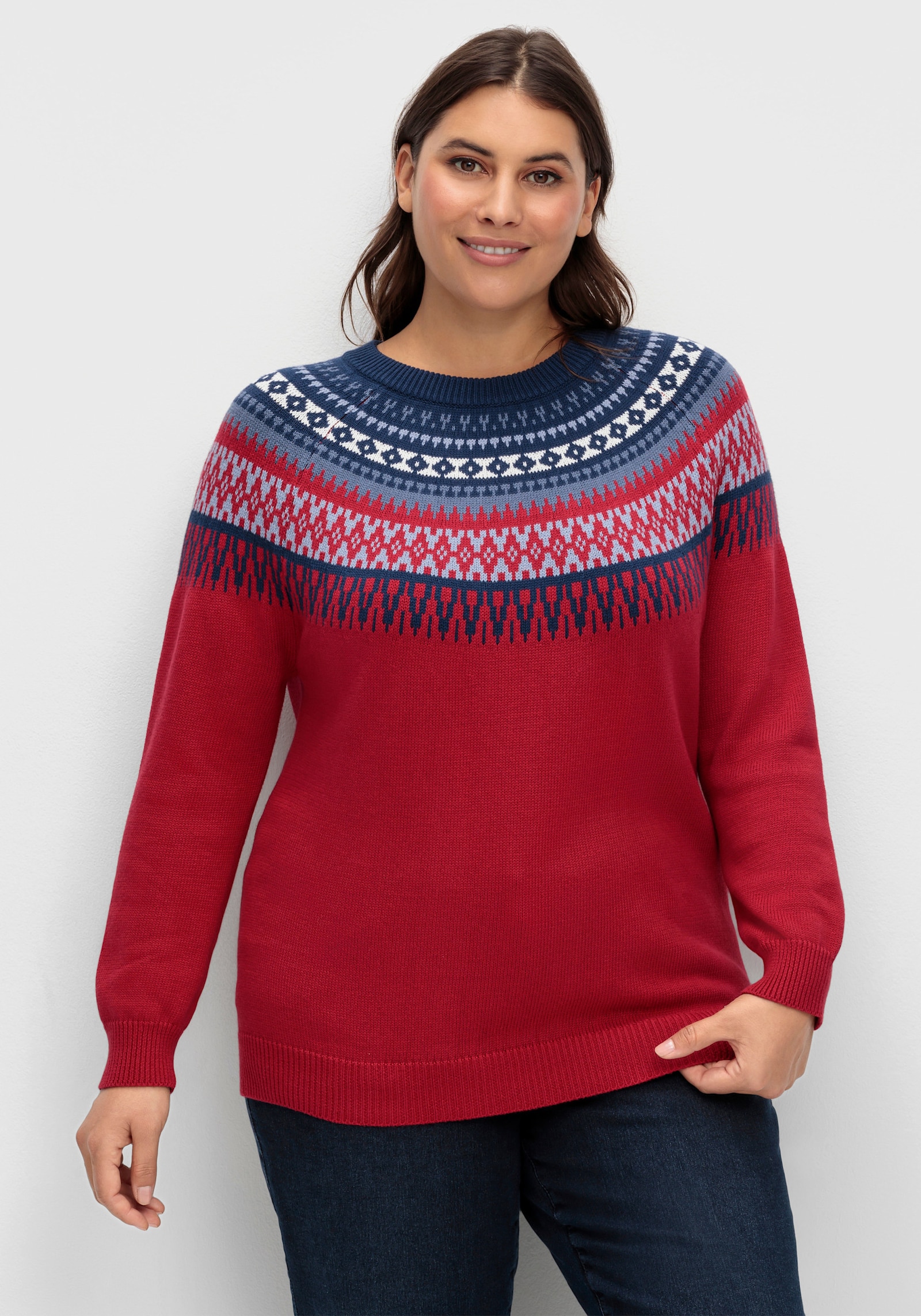 Norwegerpullover aus reiner Baumwolle - kirsche-nachtblau-gemustert