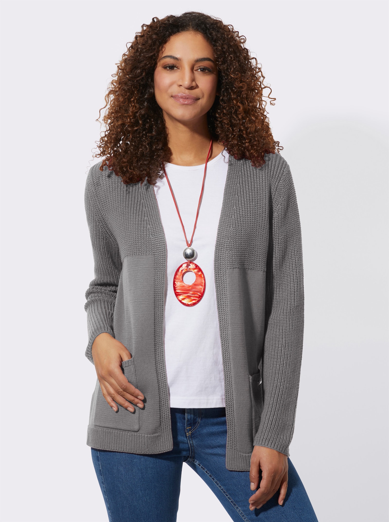 Strickjacke in langer, offener Form - grau