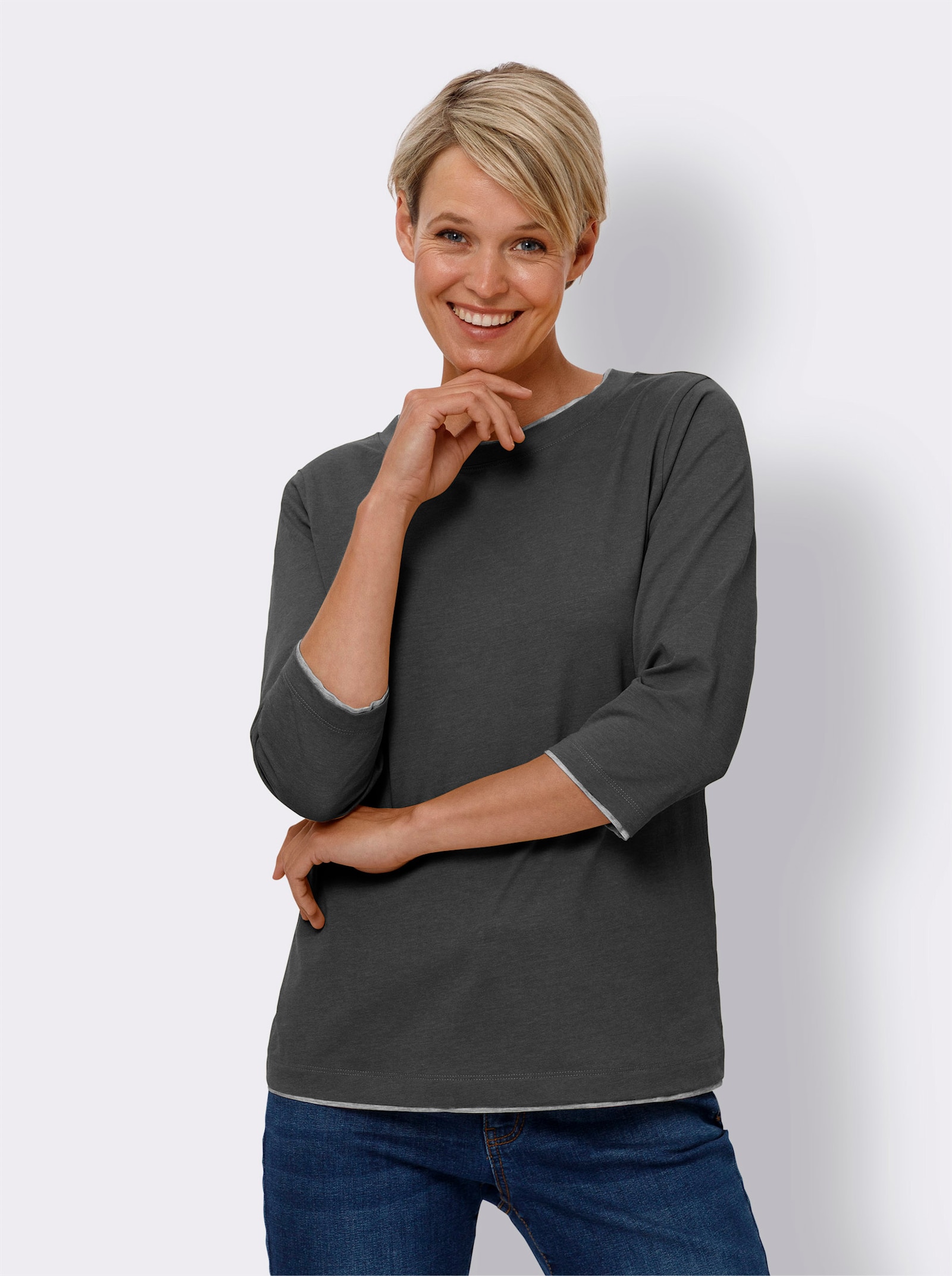 3/4-Arm-Shirt mit Kontrast-Blenden - graphit-meliert