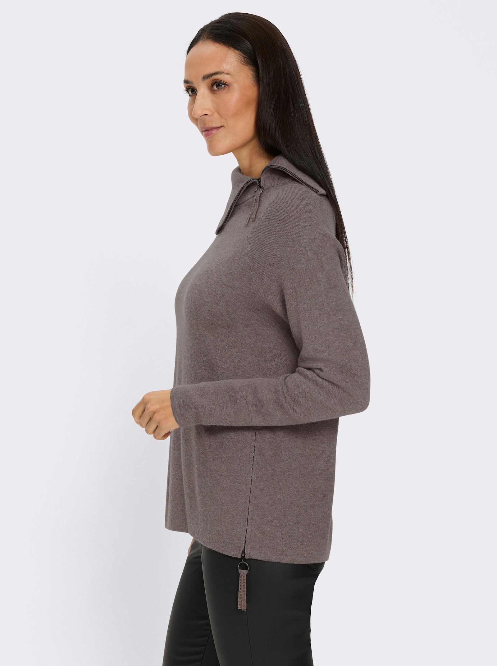 heine Strickpullover mit Zipper am Saum - dunkeltaupe-meliert
