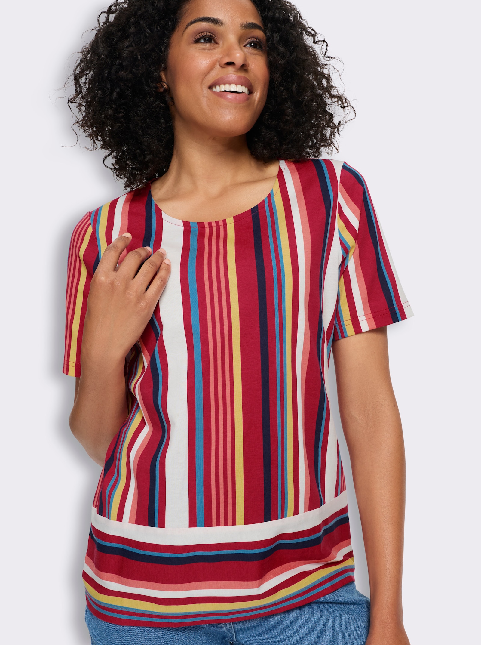 Shirt met korte mouwen en verticale strepen, katoen - aardbei/marine bedrukt