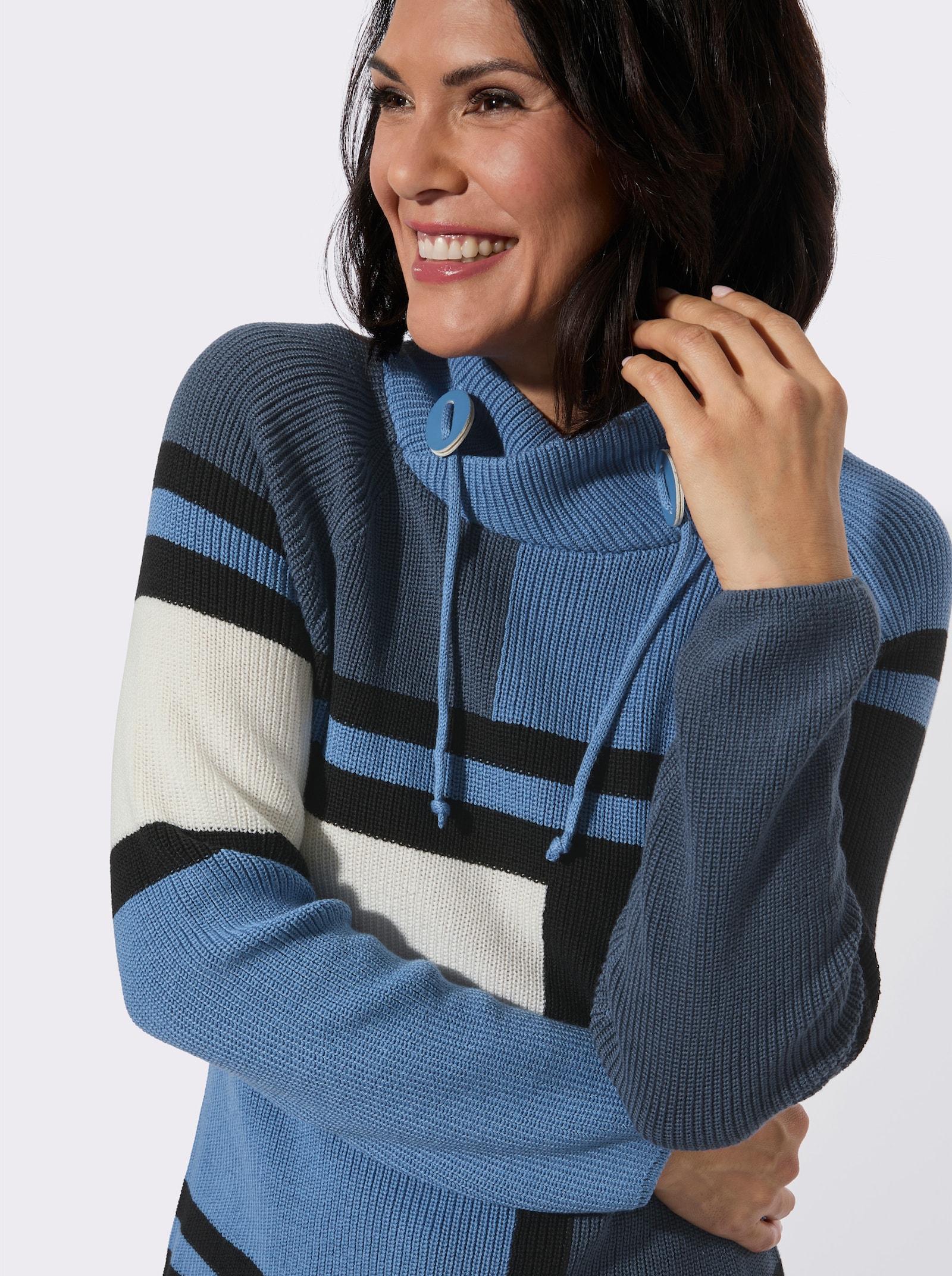 Stehkragenpullover mit Intarsien-Muster - rauchblau-ecru-gemustert
