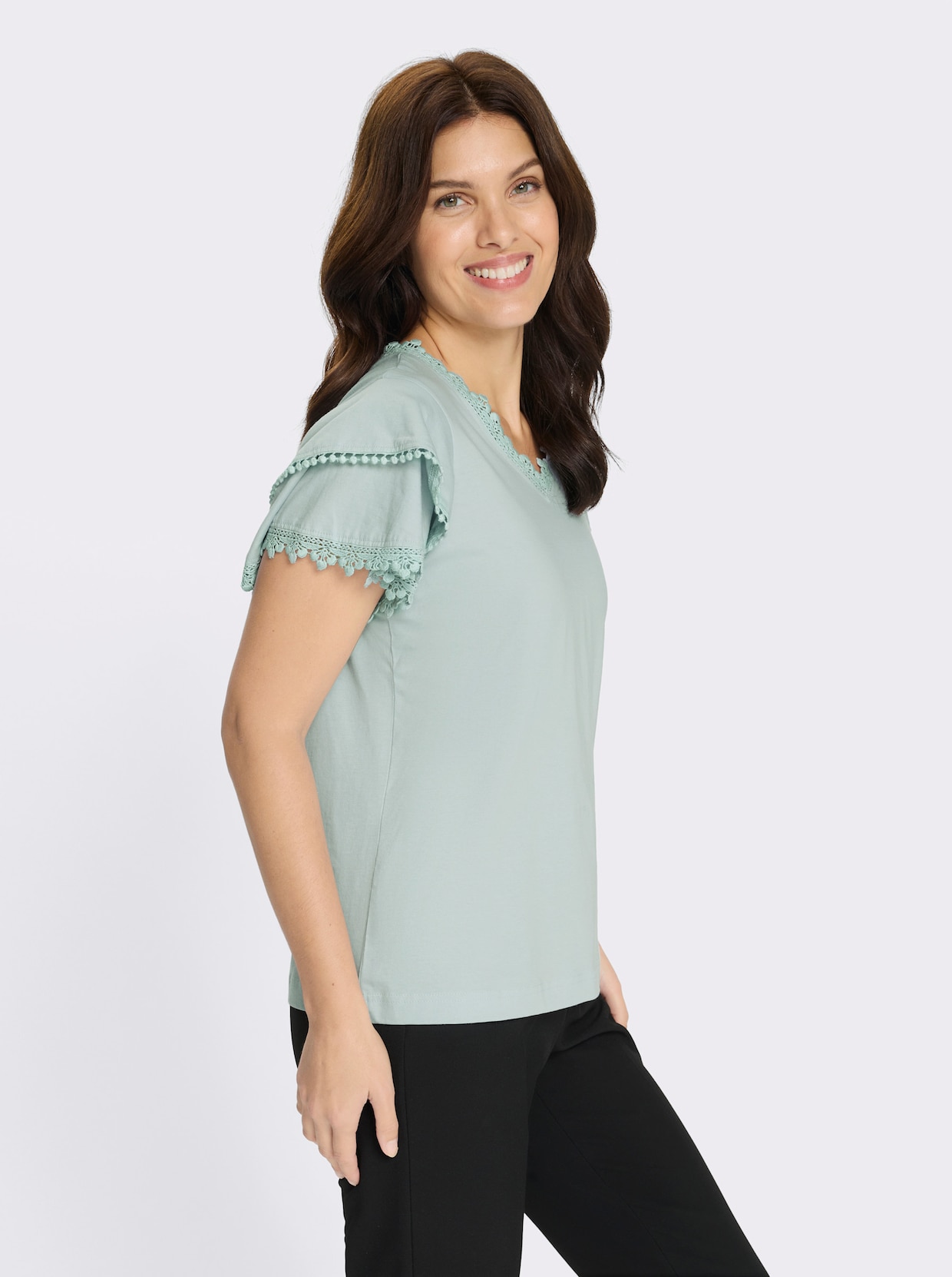 V-Shirt mit Spitzen-Details - kalkmint