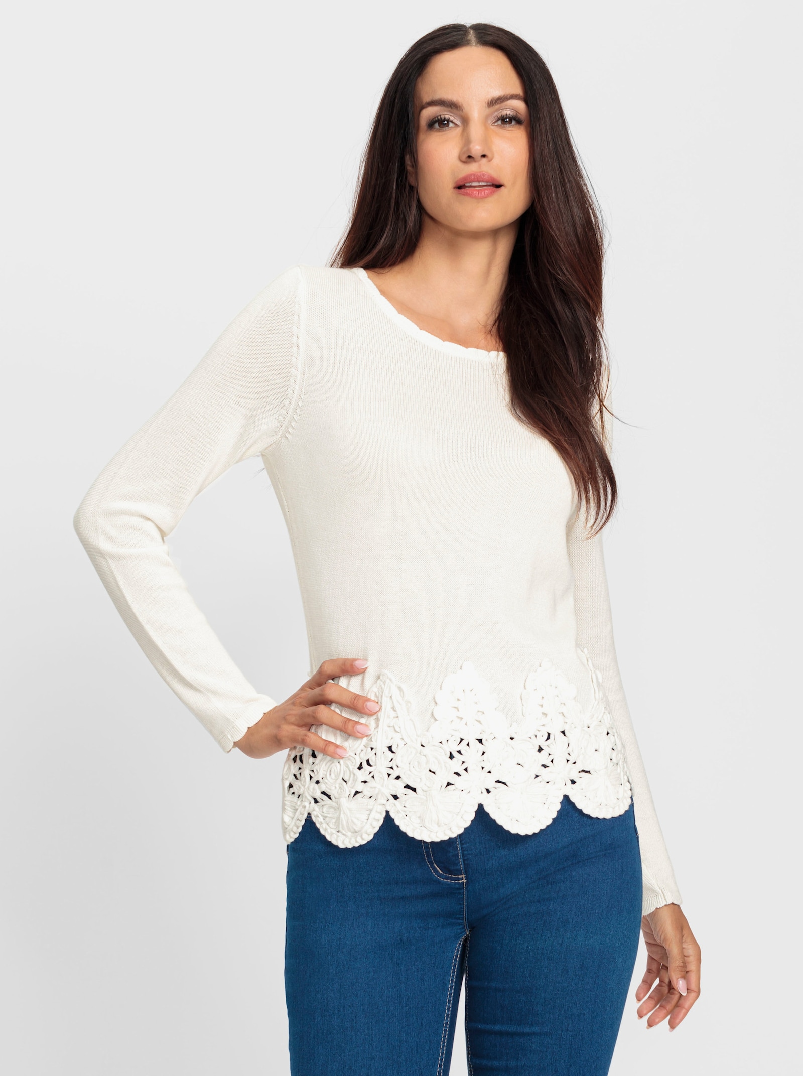 heine Feinstrickpullover mit Kordel-Stickerei - ecru