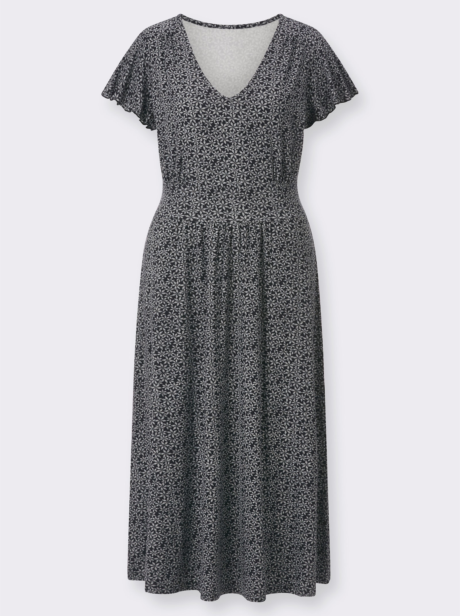 Jerseykleid mit Flügelärmeln und Smokpartie hinten - schwarz-weiß-bedruckt