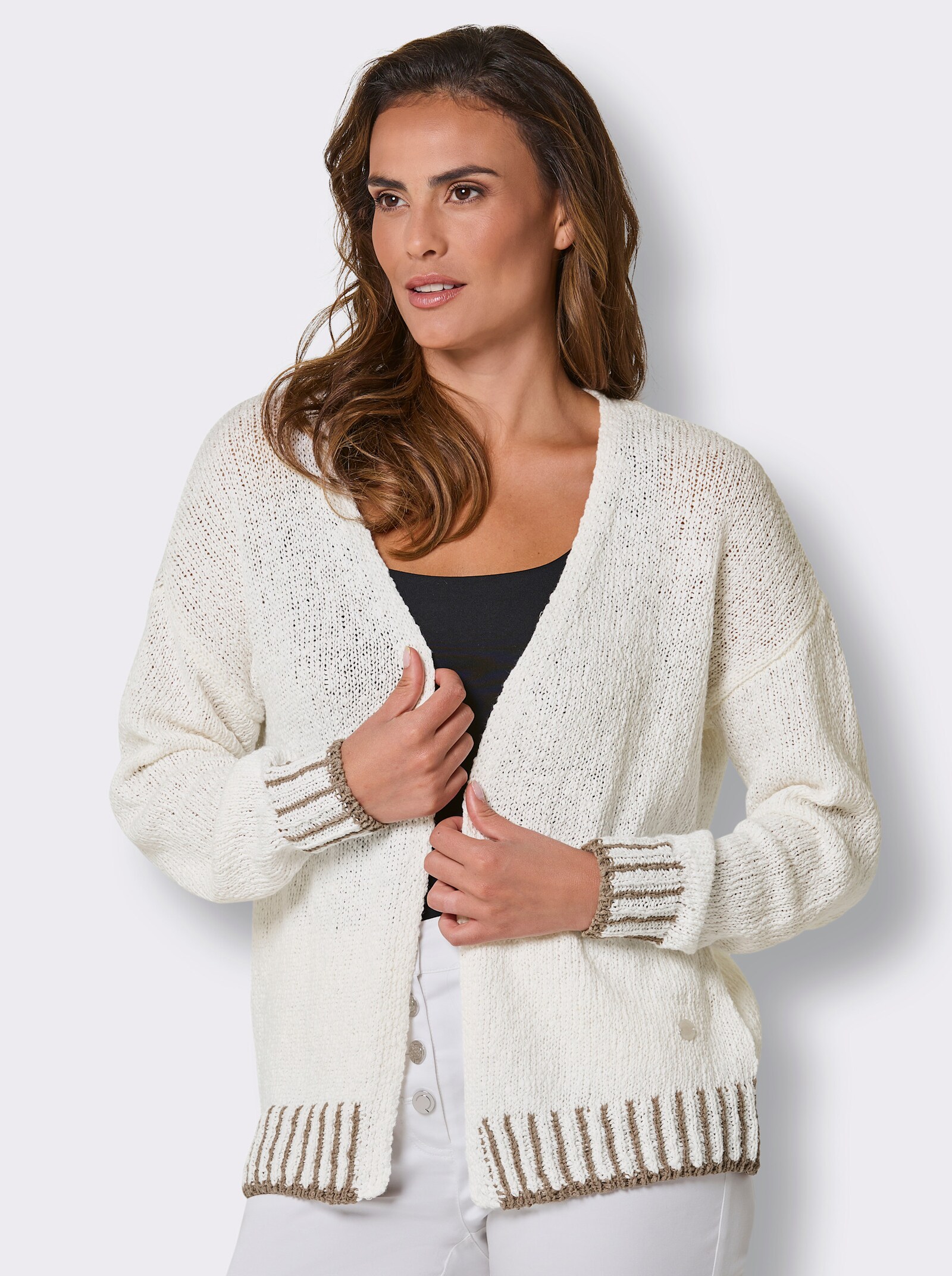 CREATION L PREMIUM Strickjacke mit Kontrast-Streifen - ecru
