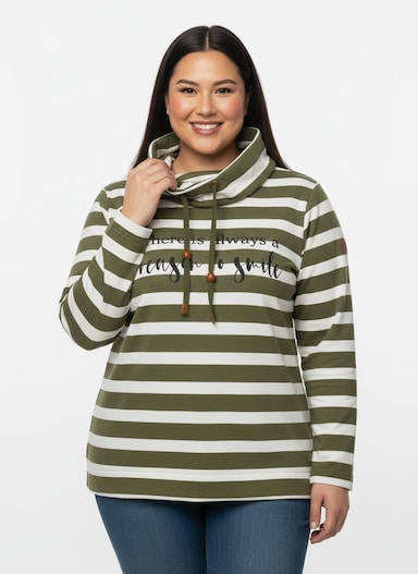 Sweatshirt mit elastischem Saum - oliv-ecru-geringelt