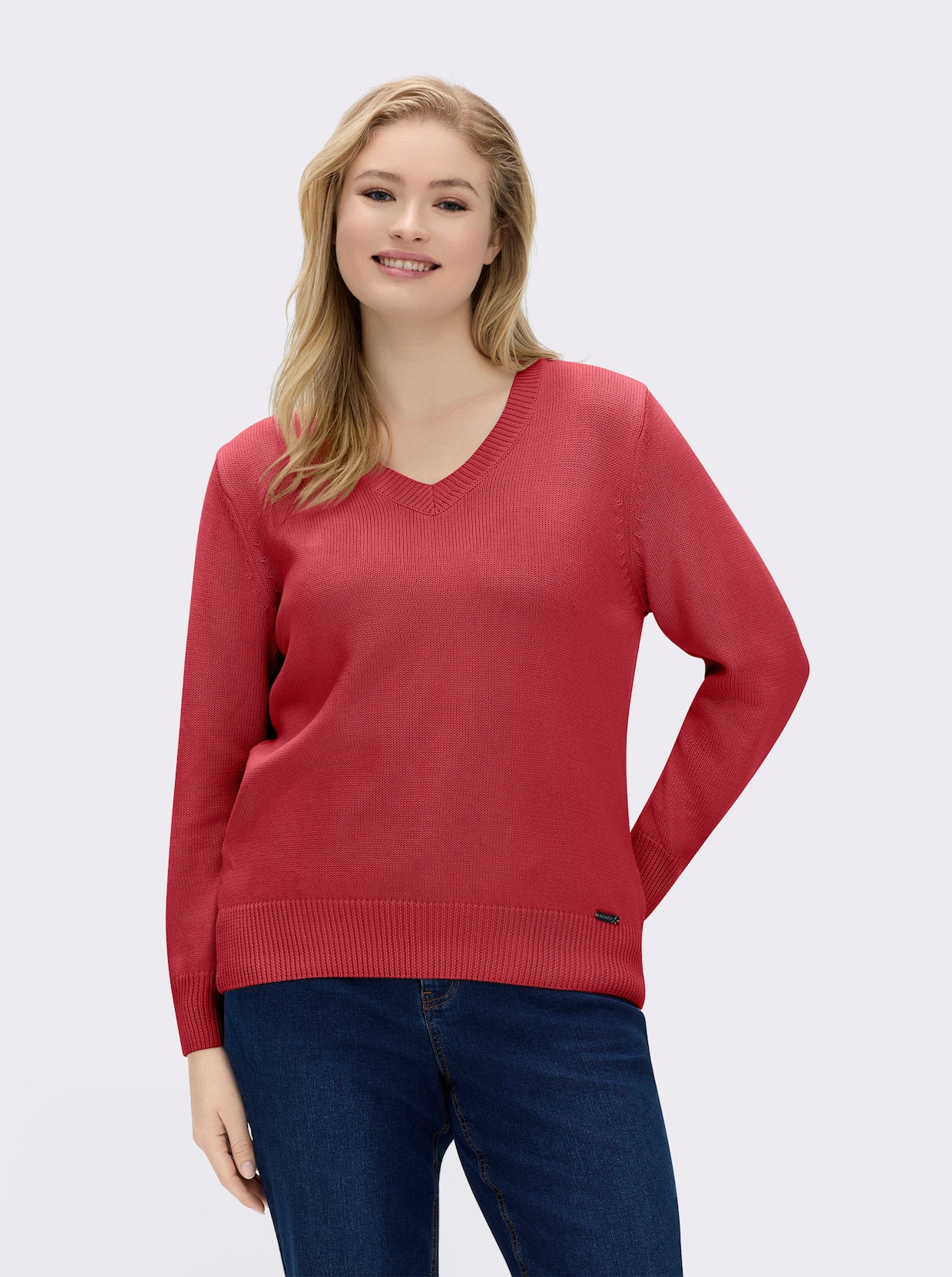 V-Ausschnitt-Pullover mit Baumwolle - korallenrot