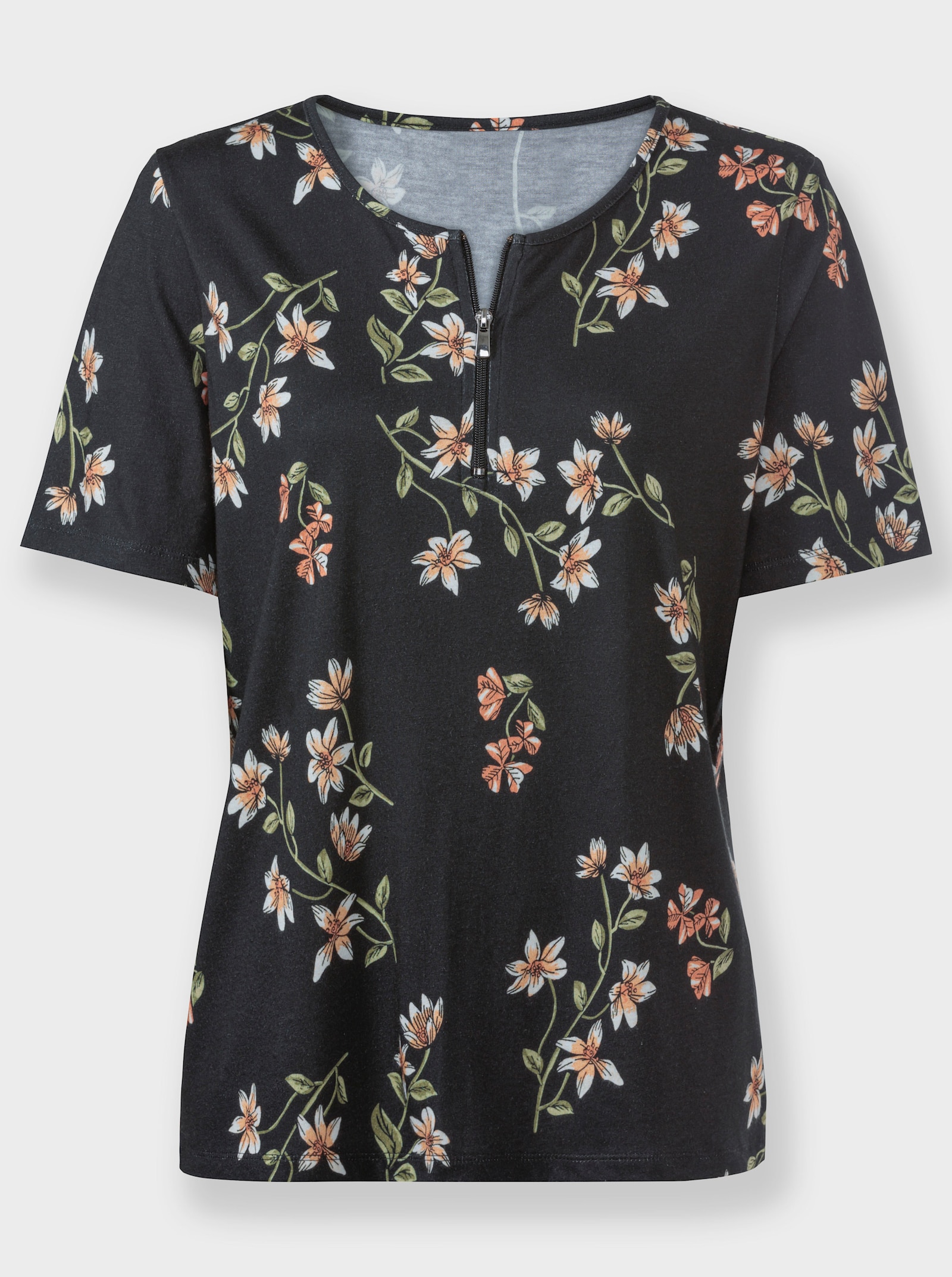 Tričko s kr.rukávmi so zipsom na výstrihu - Black-ecru zafarbeniu krému tlače